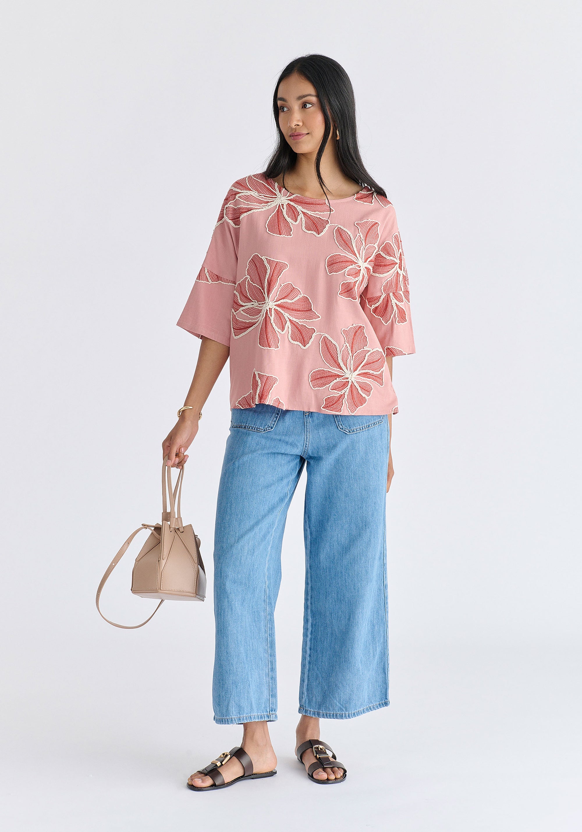 Floral Embroidered Relax Fit Top in Pink Front