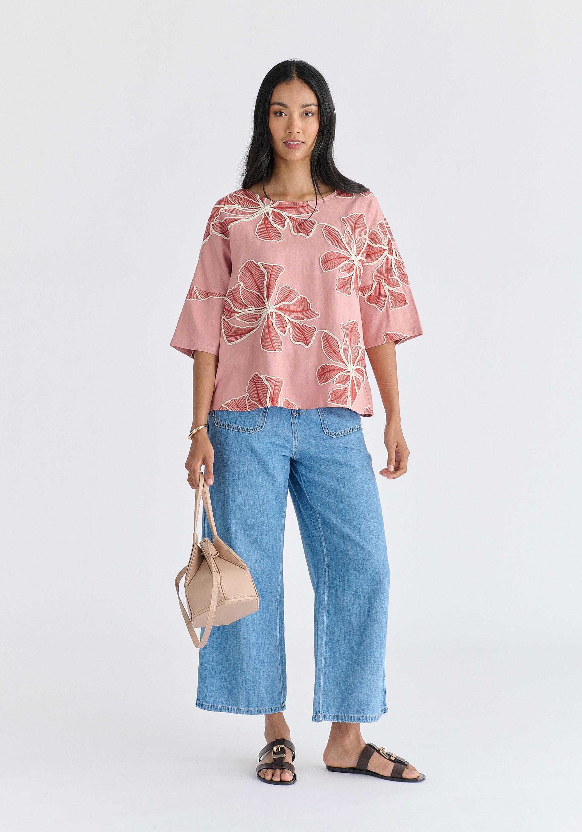 Floral Embroidered Relax Fit Top in Pink Front