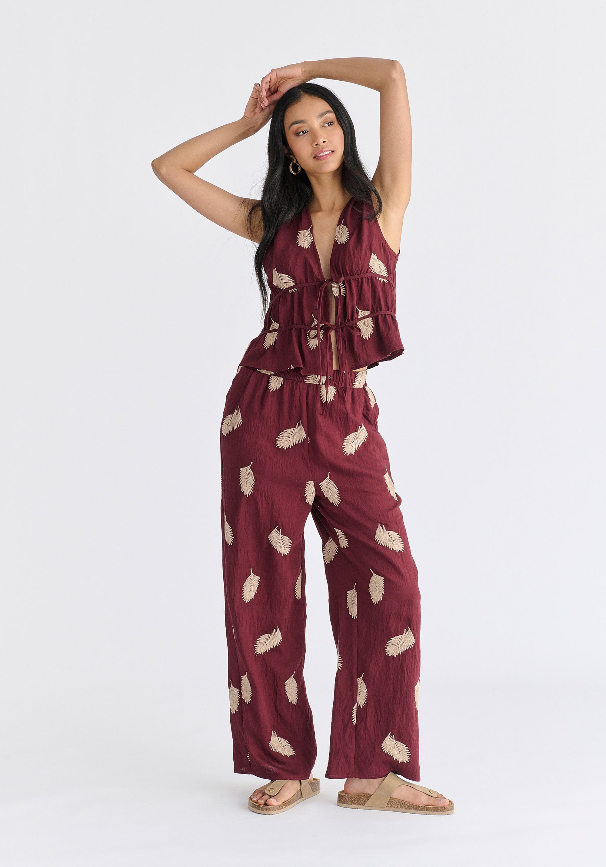 Leaf Embroidered Tie Front Waistcoat