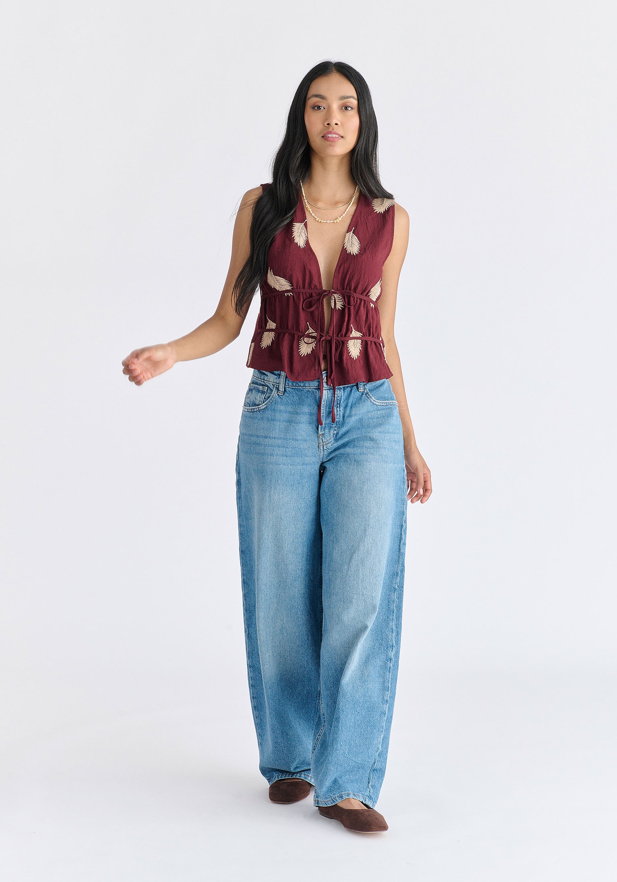 Leaf Embroidered Tie Front Waistcoat