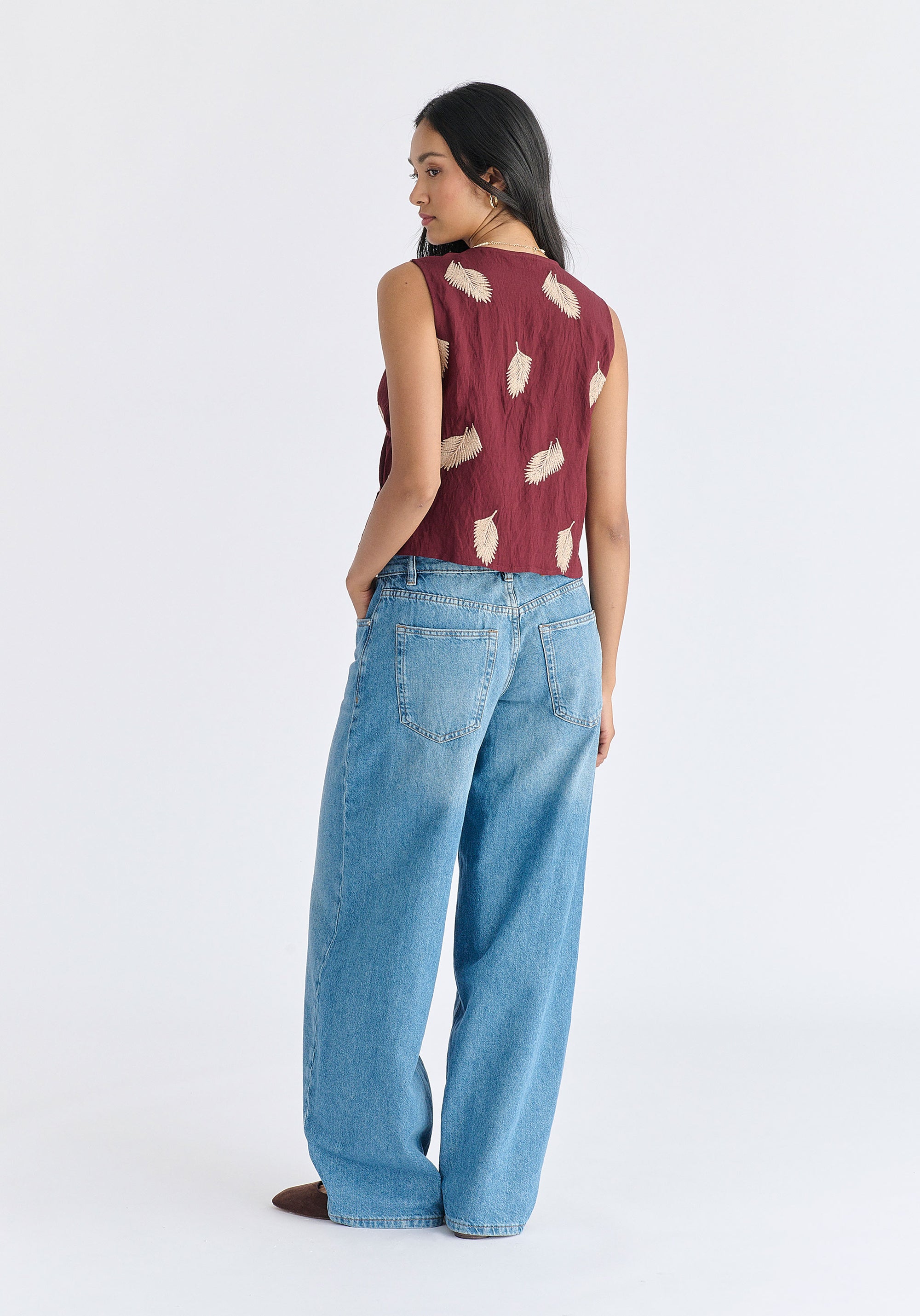 Leaf Embroidered Tie Front Waistcoat