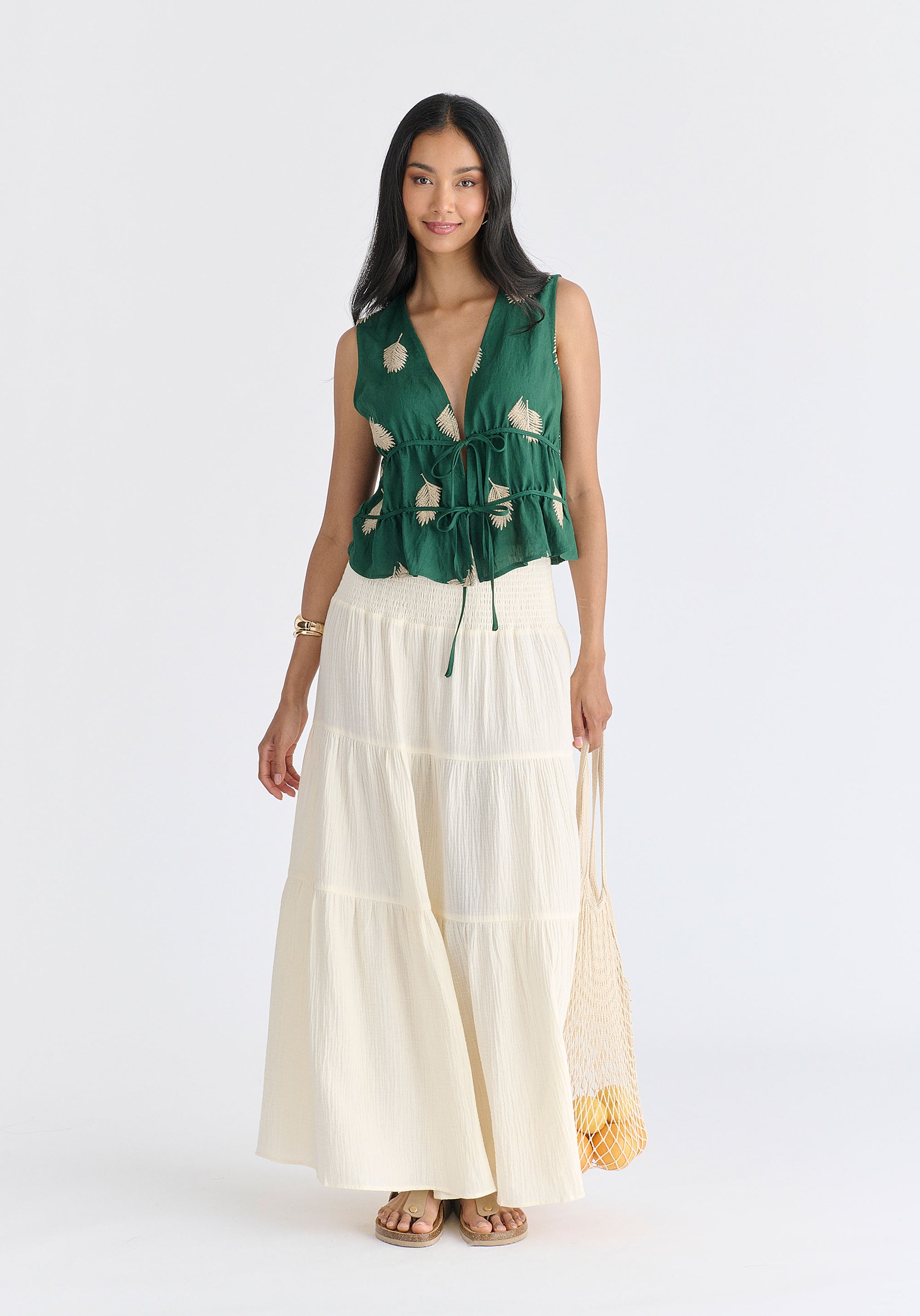 Leaf Embroidered Tie Front Waistcoat