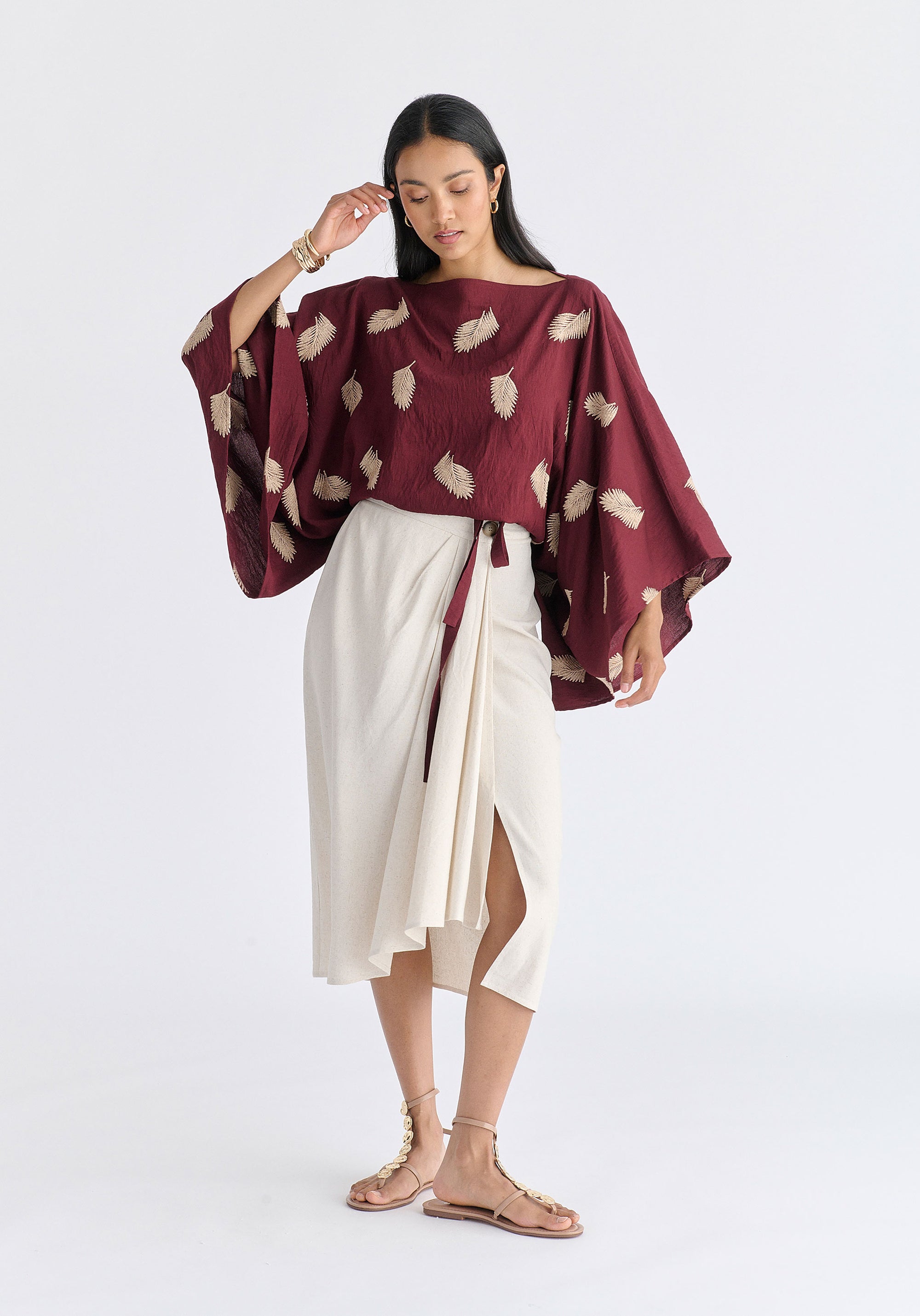 Leaf Embroidered Kimono Sleeves Top