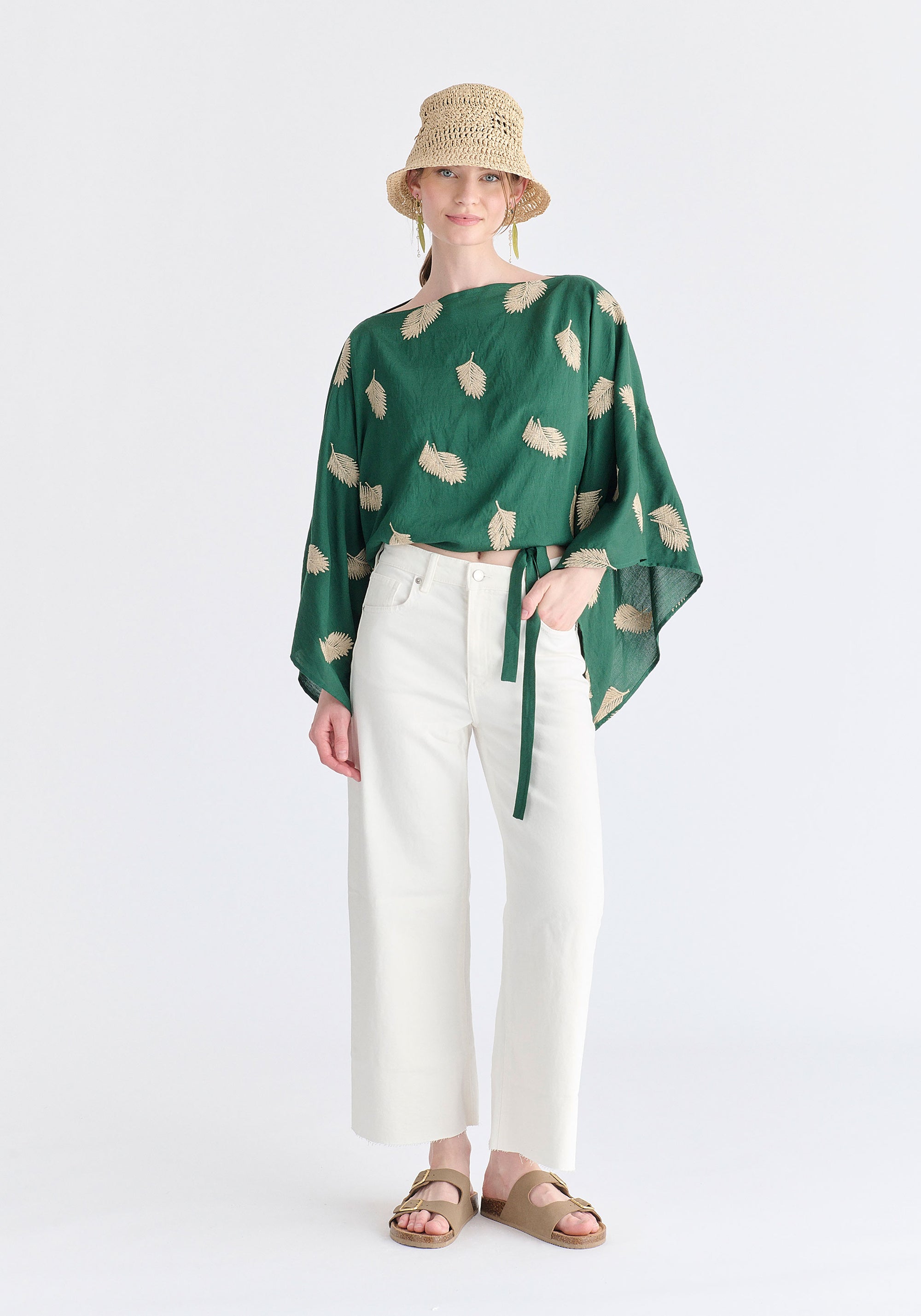 Leaf Embroidered Kimono Sleeves Top in Green Front
