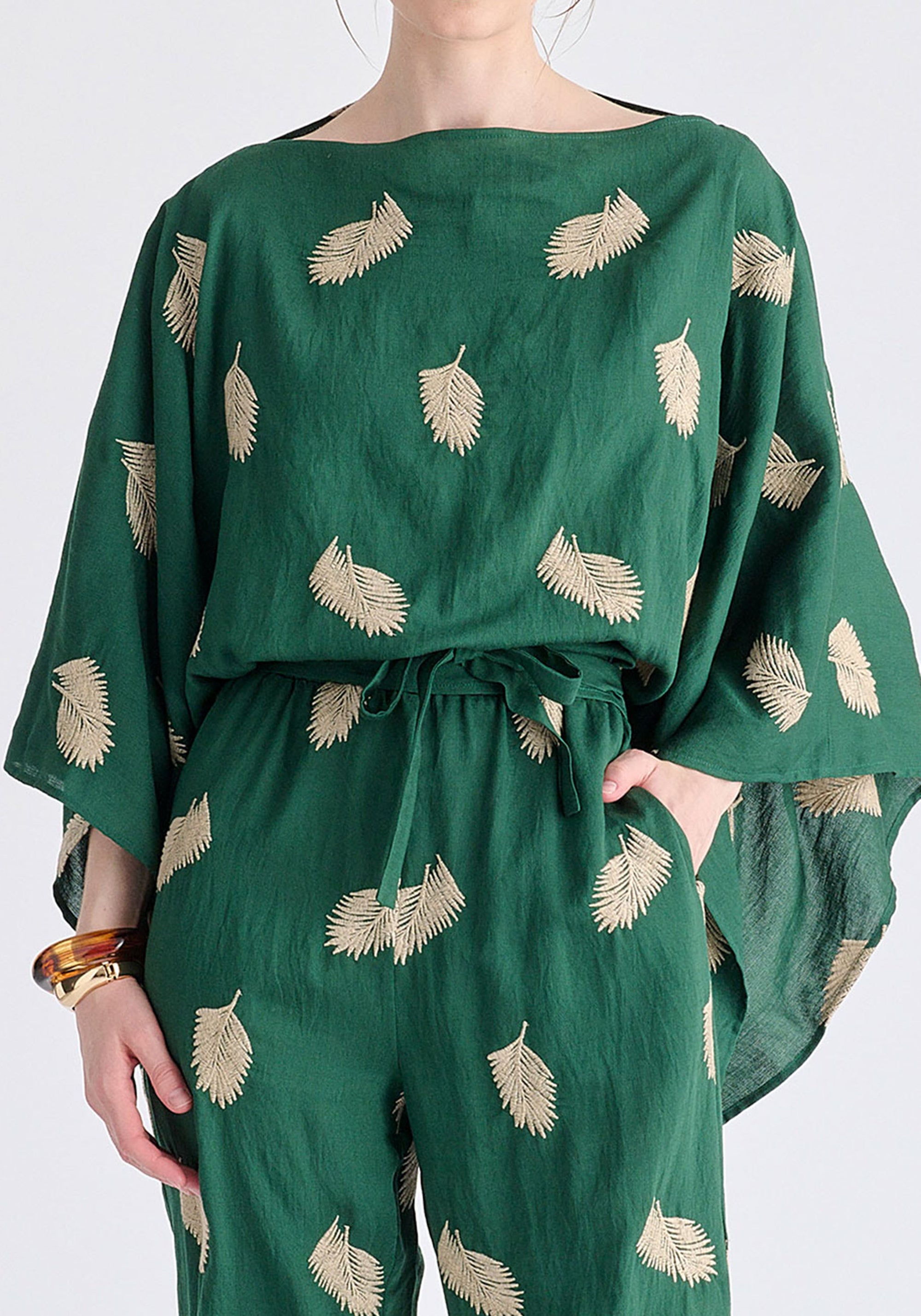 Leaf Embroidered Kimono Sleeves Top