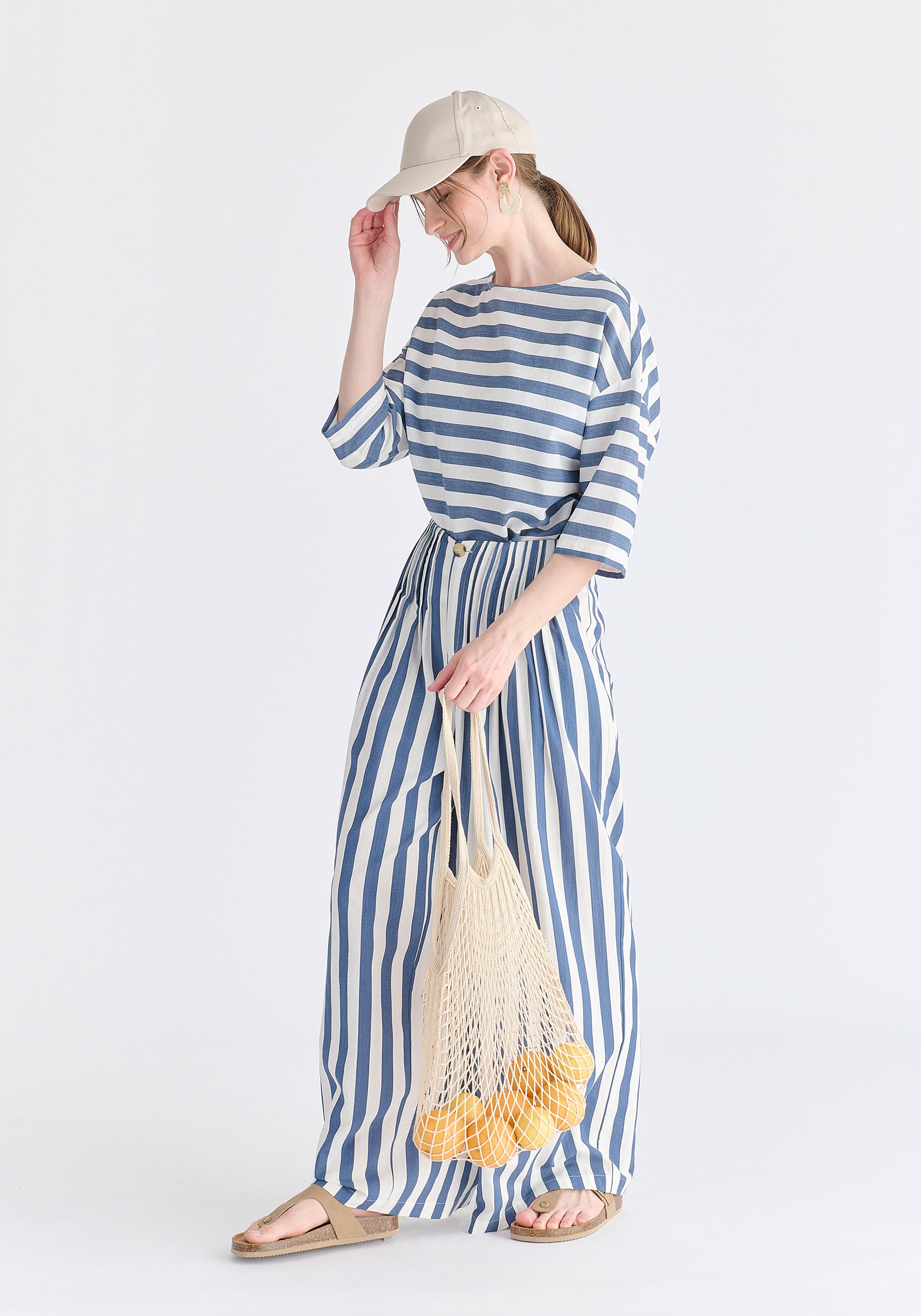 Side Splits Detail Relaxed Top in Blue and White Side