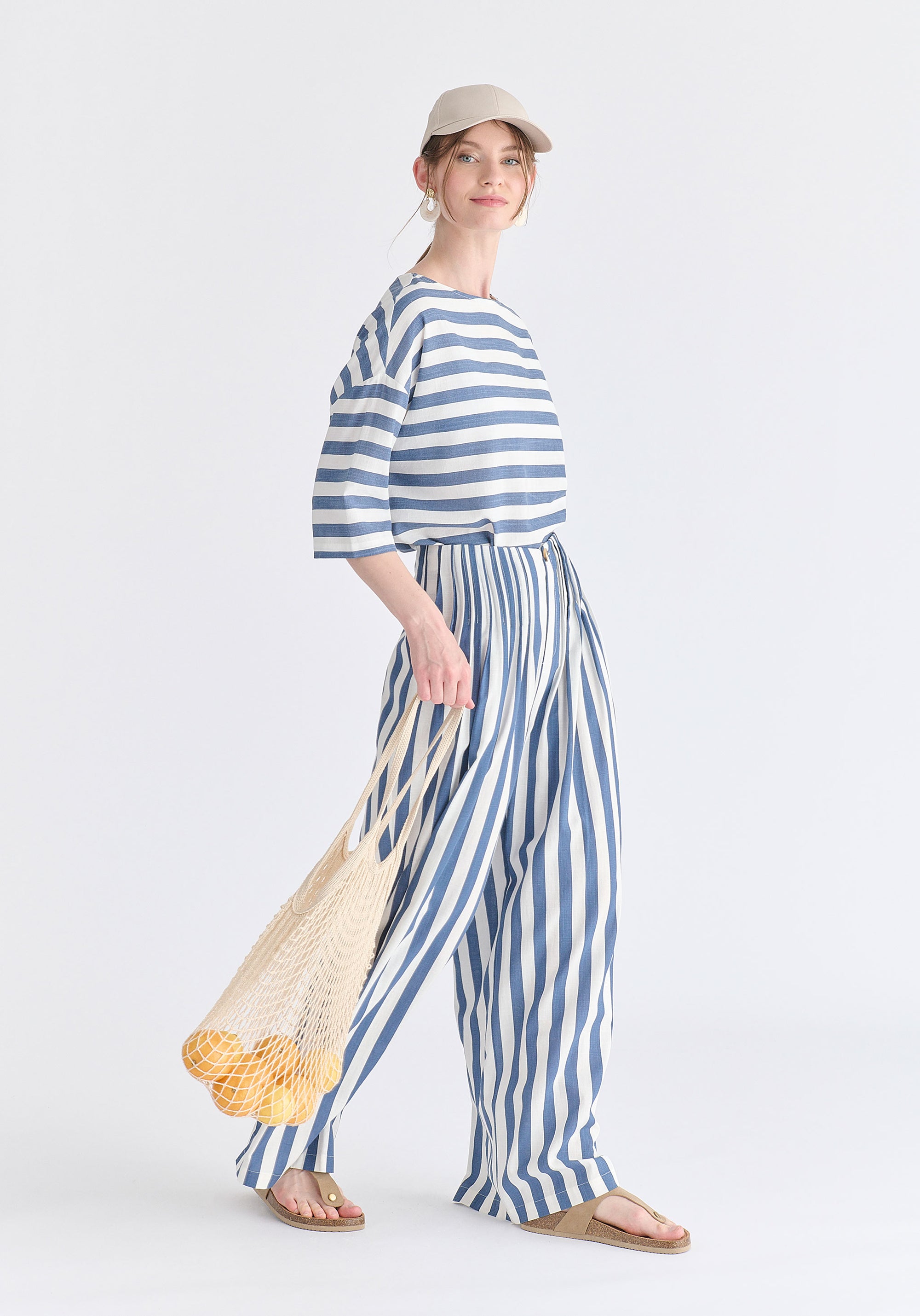 Side Splits Detail Relaxed Top in Blue and White Side