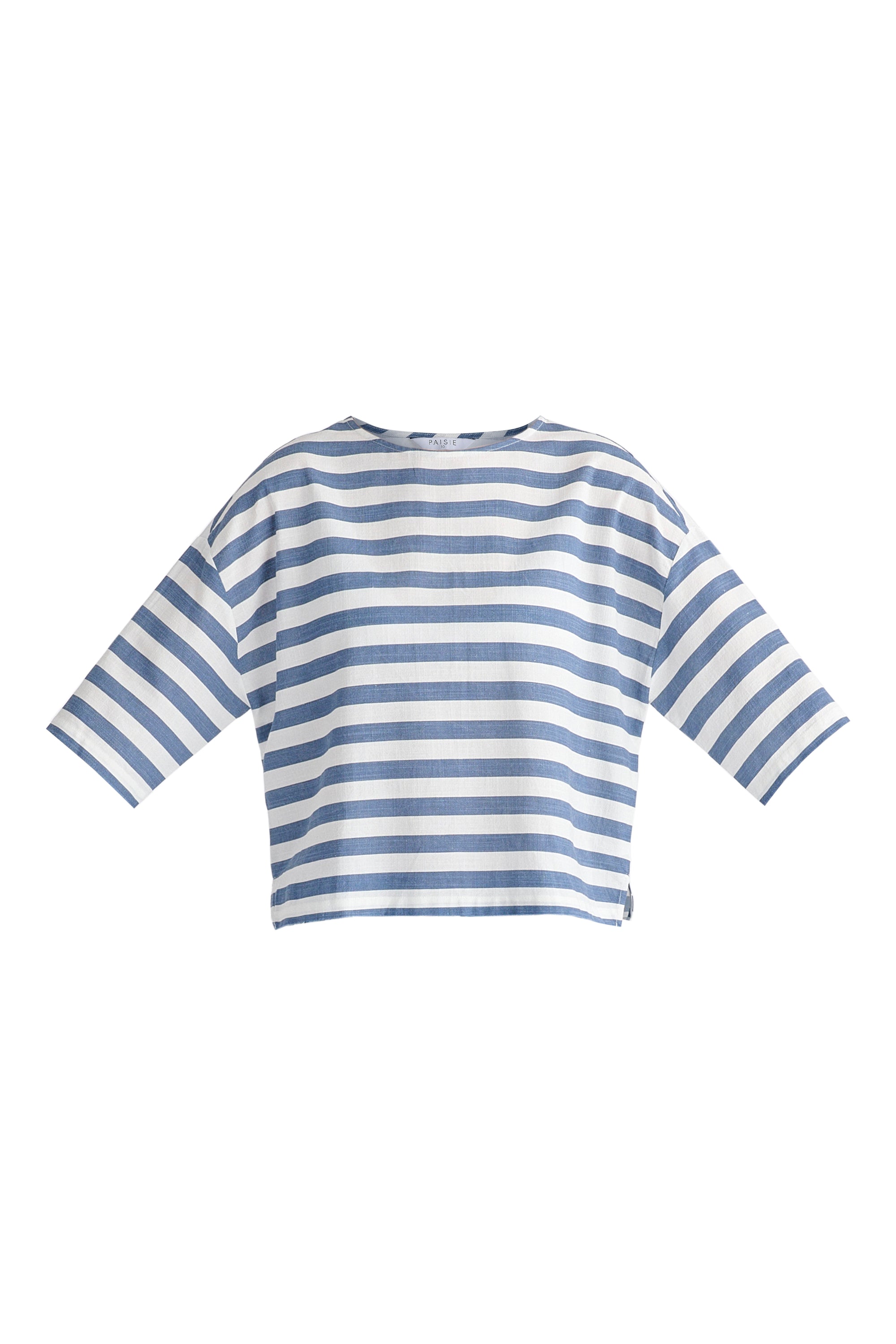 Side Splits Detail Relaxed Top in Blue and White Cutout