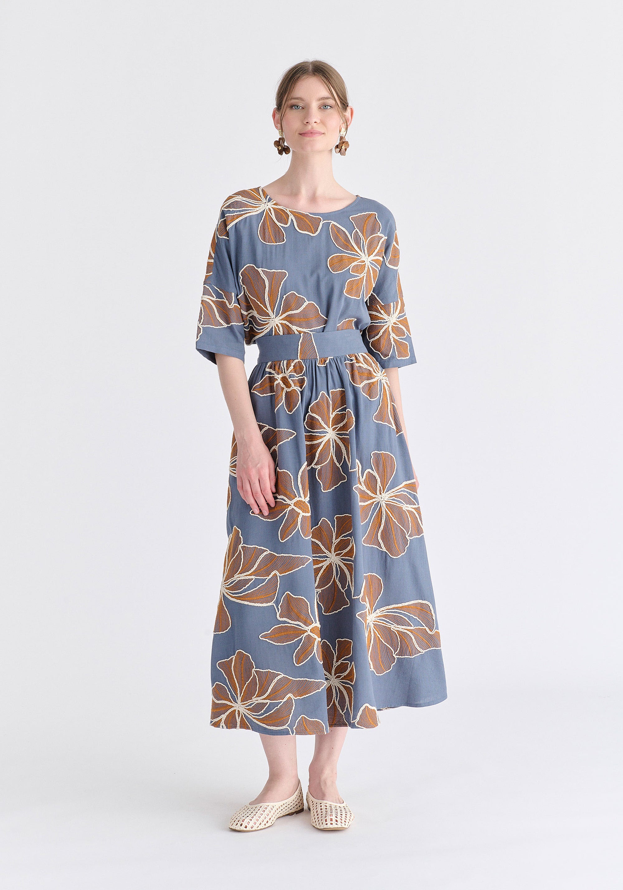 Floral Embroidered Midi Skirt in Blue Front