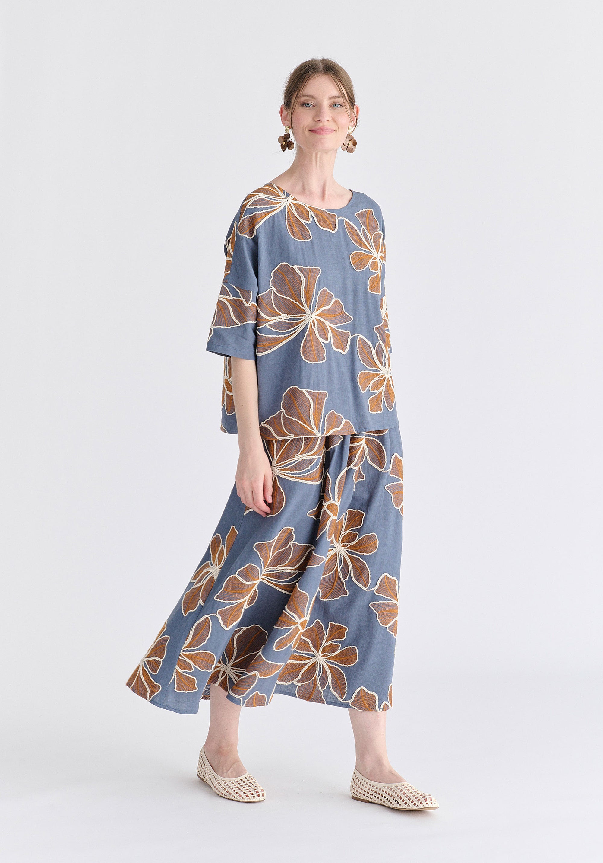 Floral Embroidered Midi Skirt in Blue Front