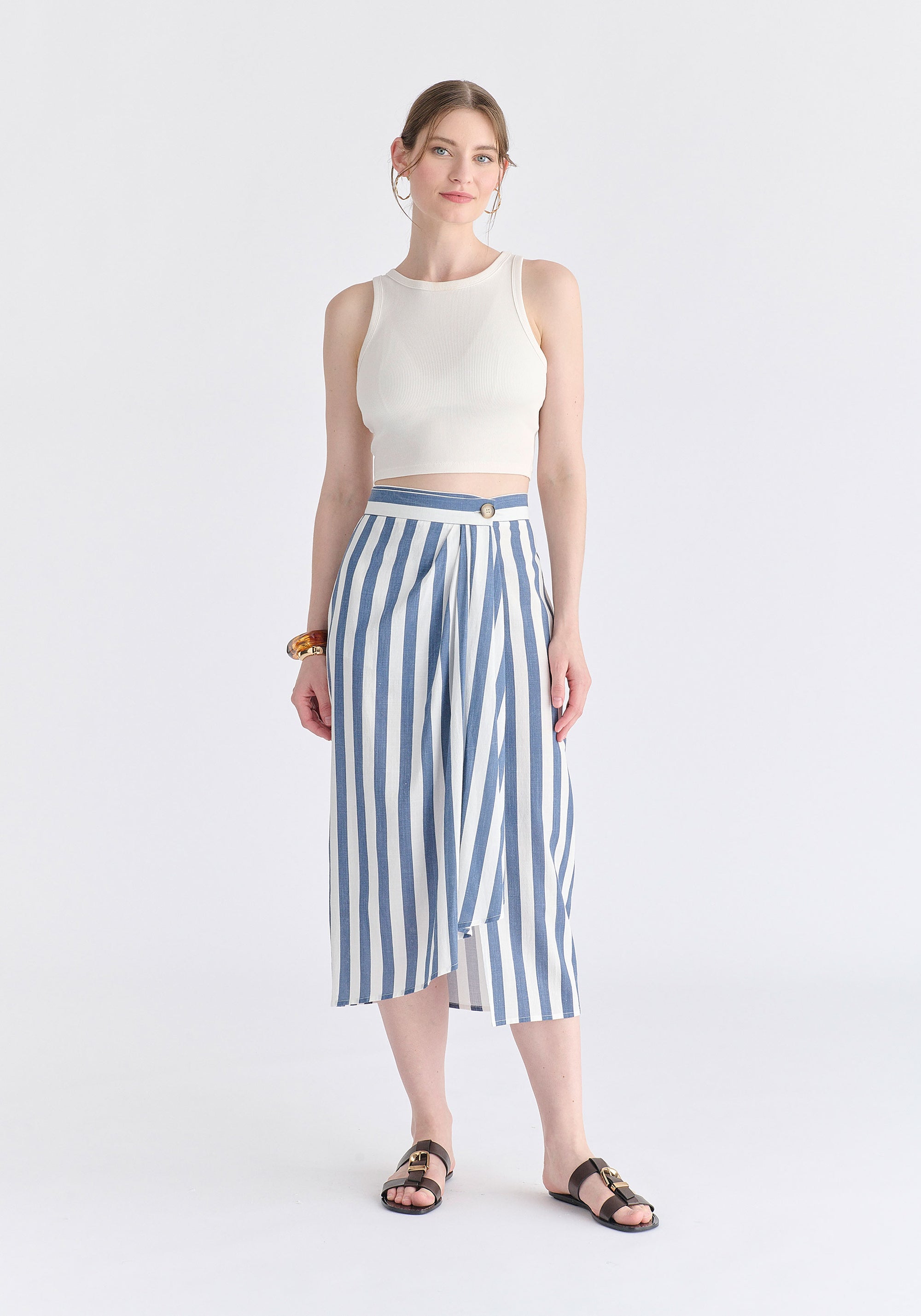 Draped Warp Midi Skirt in Blue and White Front