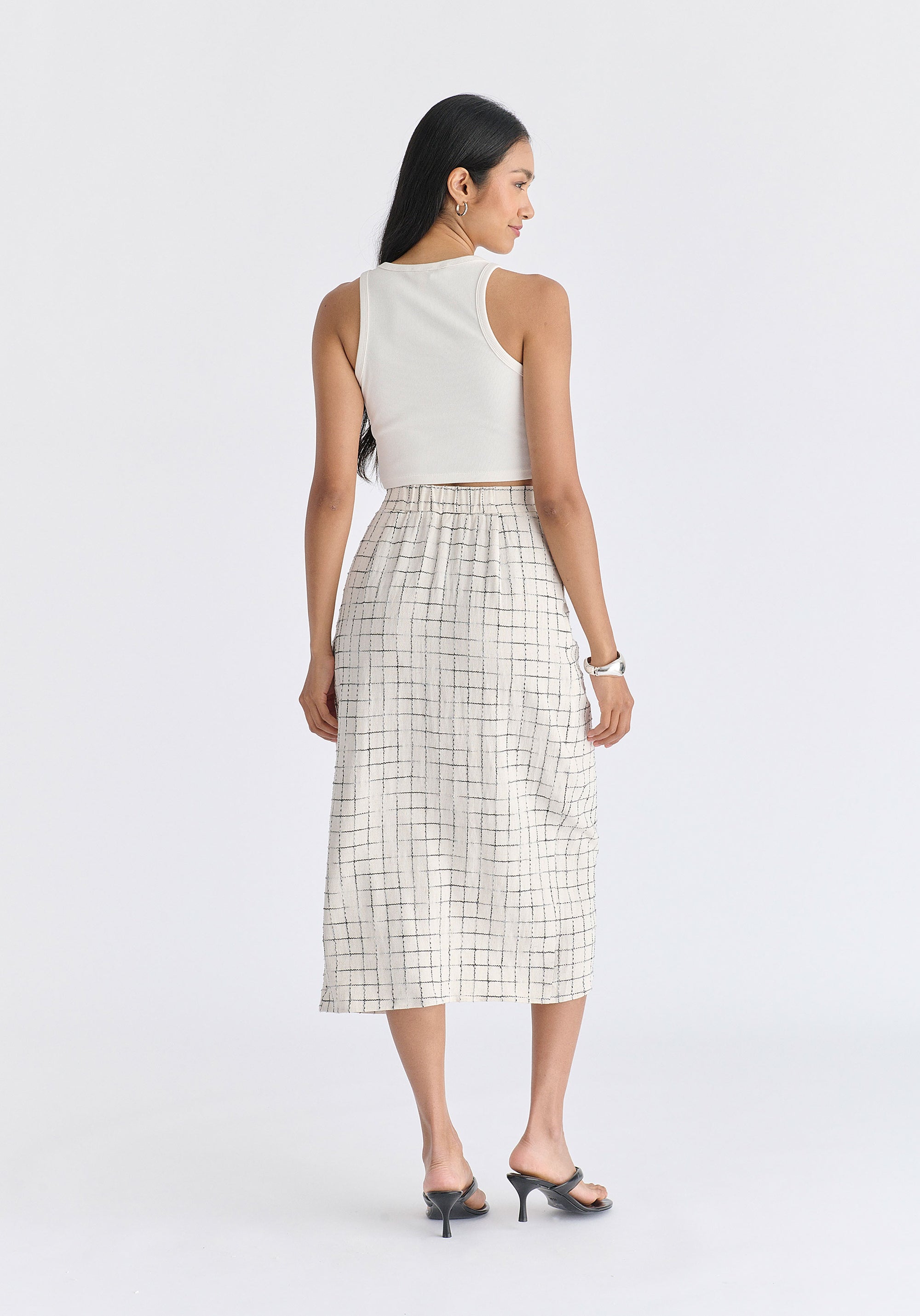 Draped Wrap Midi Skirt in Oatmeal and Black Back