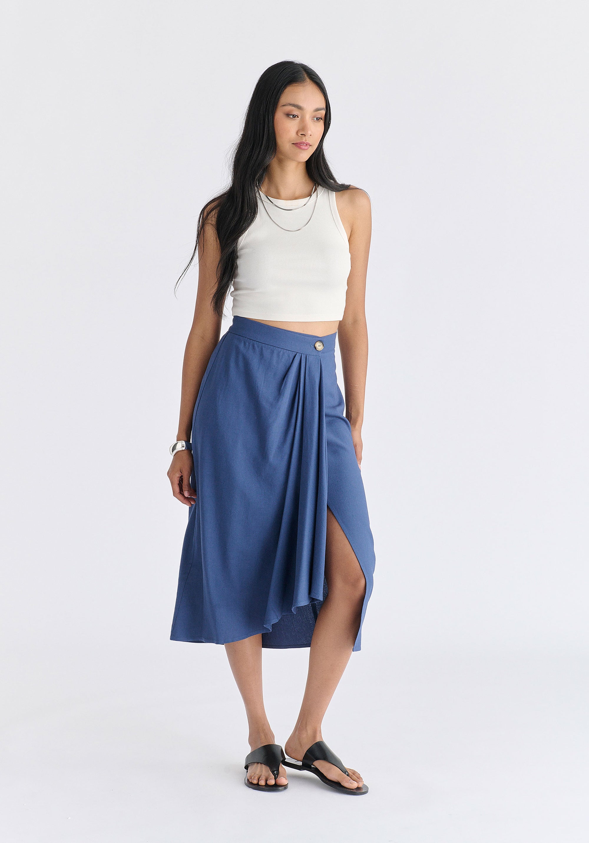 Draped Wrap Midi Skirt in Blue Front