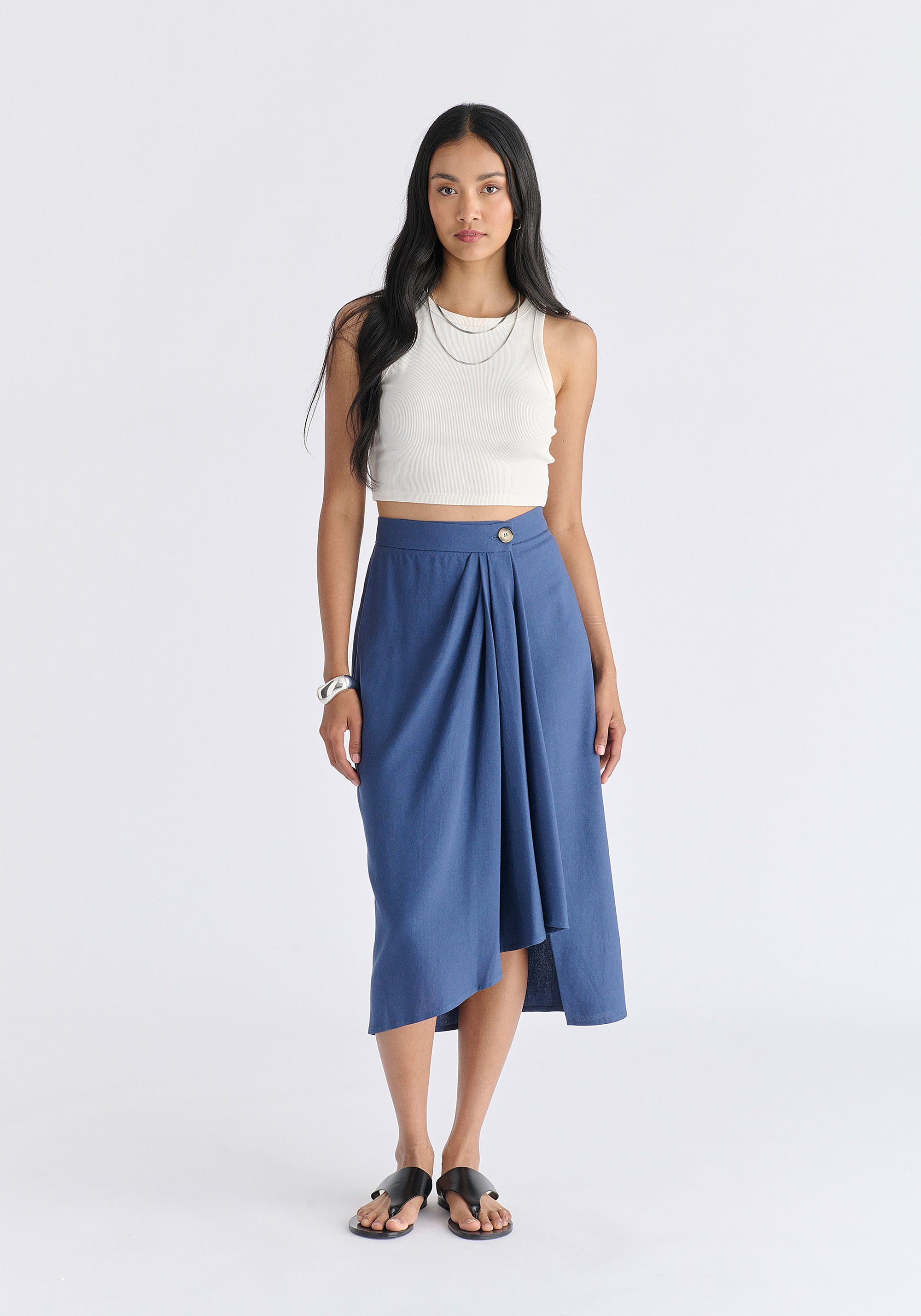 Draped Wrap Midi Skirt in Blue Front