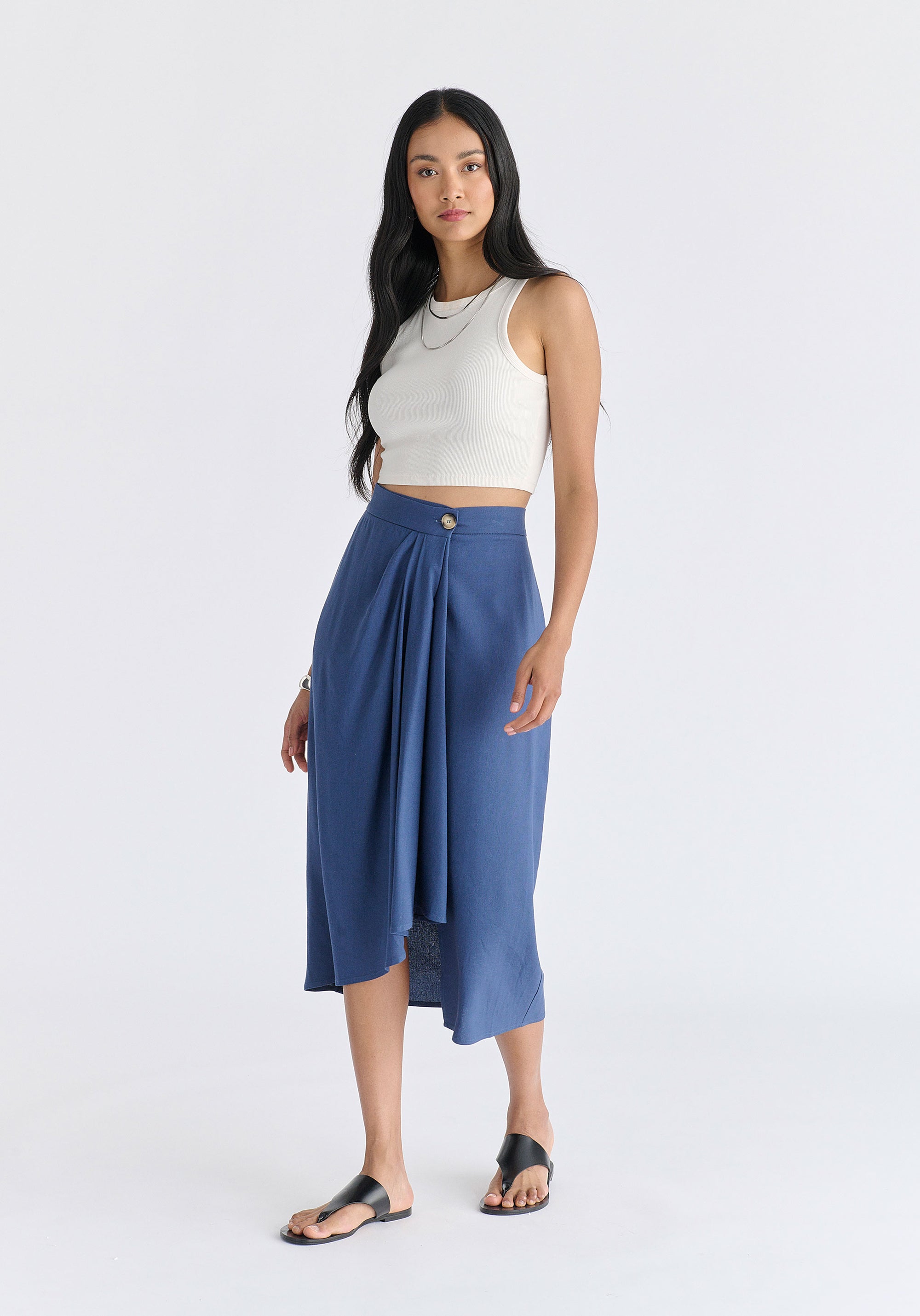 Draped Wrap Midi Skirt in Blue Front
