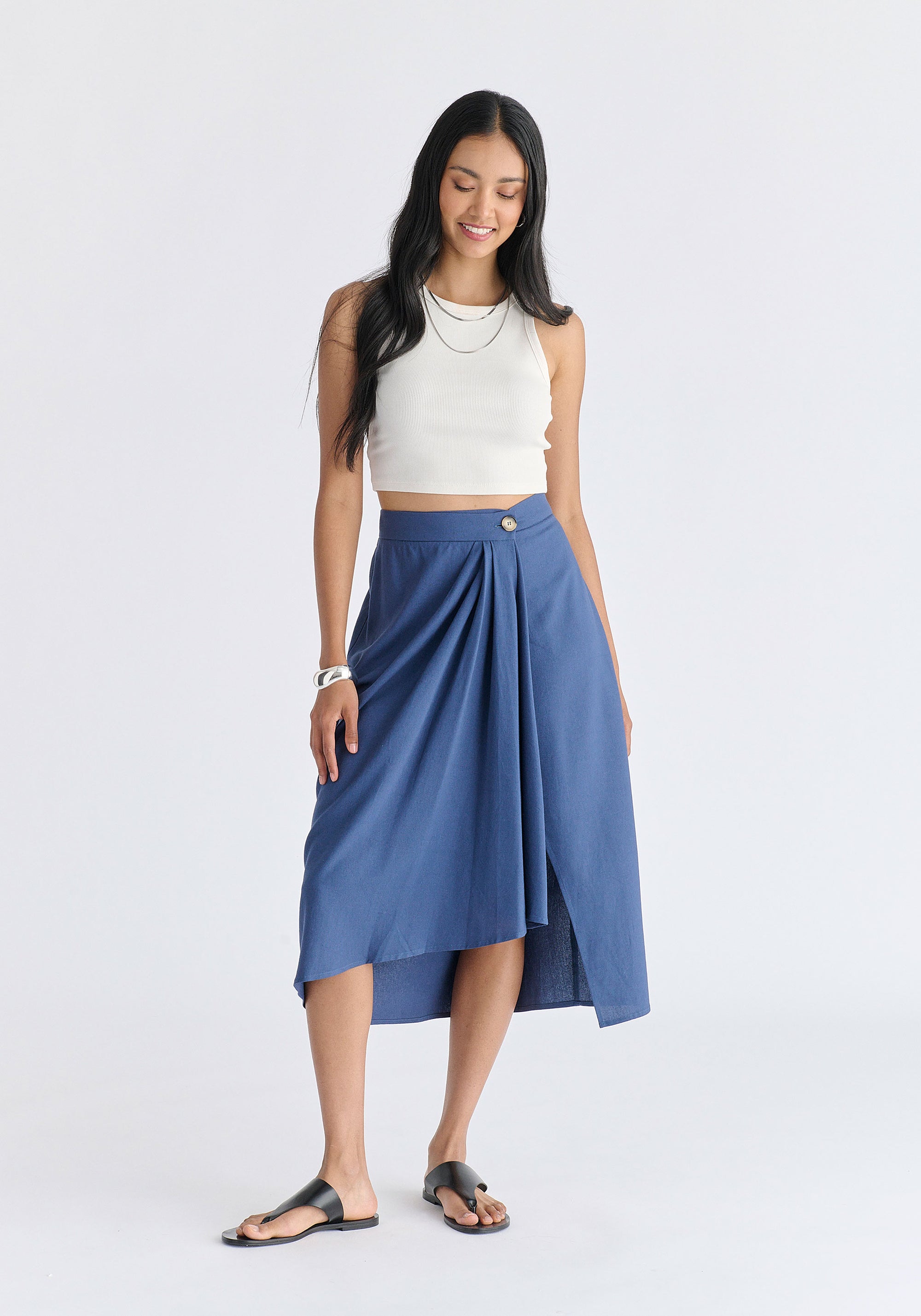 Draped Wrap Midi Skirt in Blue Front