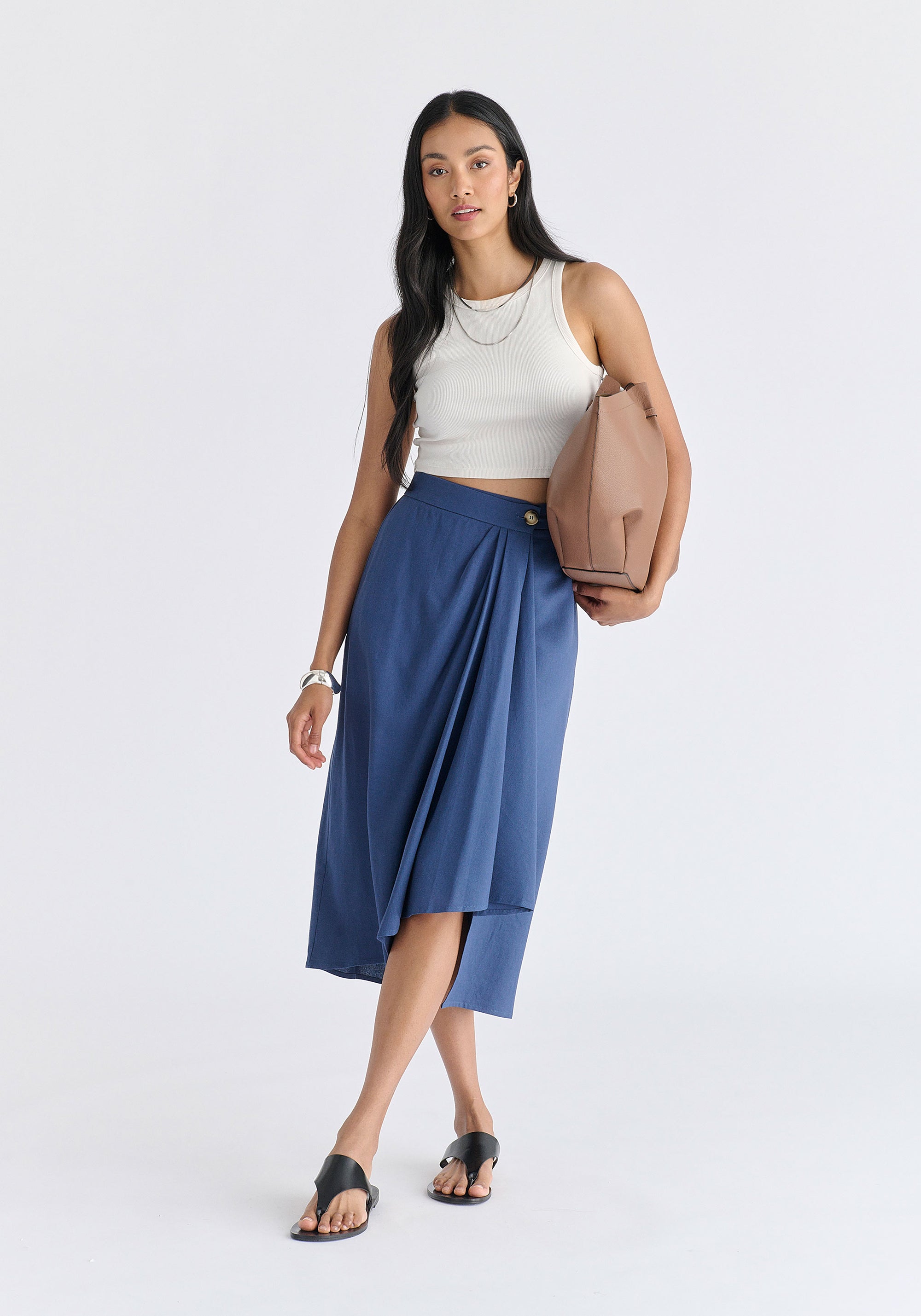 Draped Wrap Midi Skirt in Blue Front