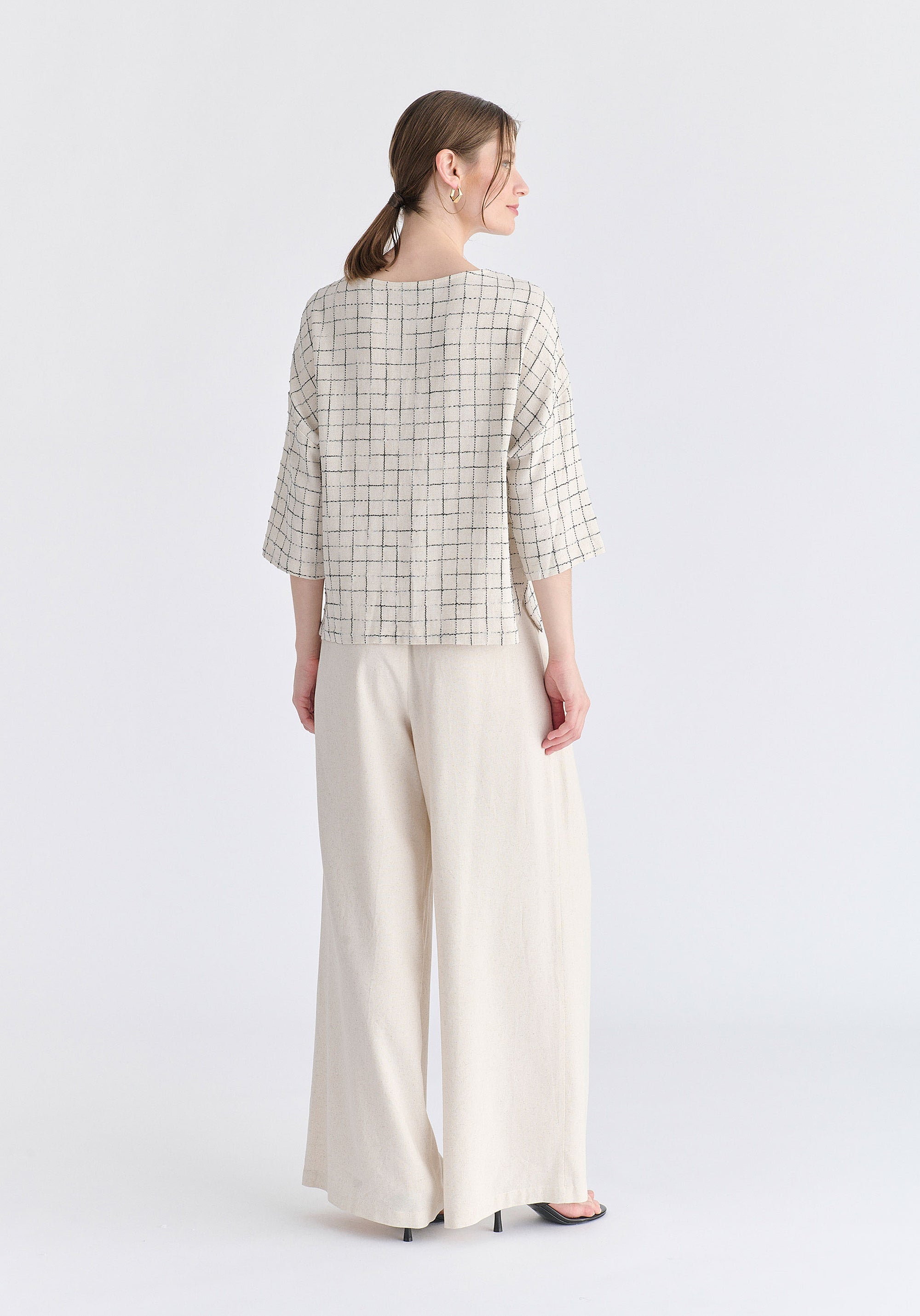 Front Pleats Detail Wide Leg Trousers in Oatmeal Back