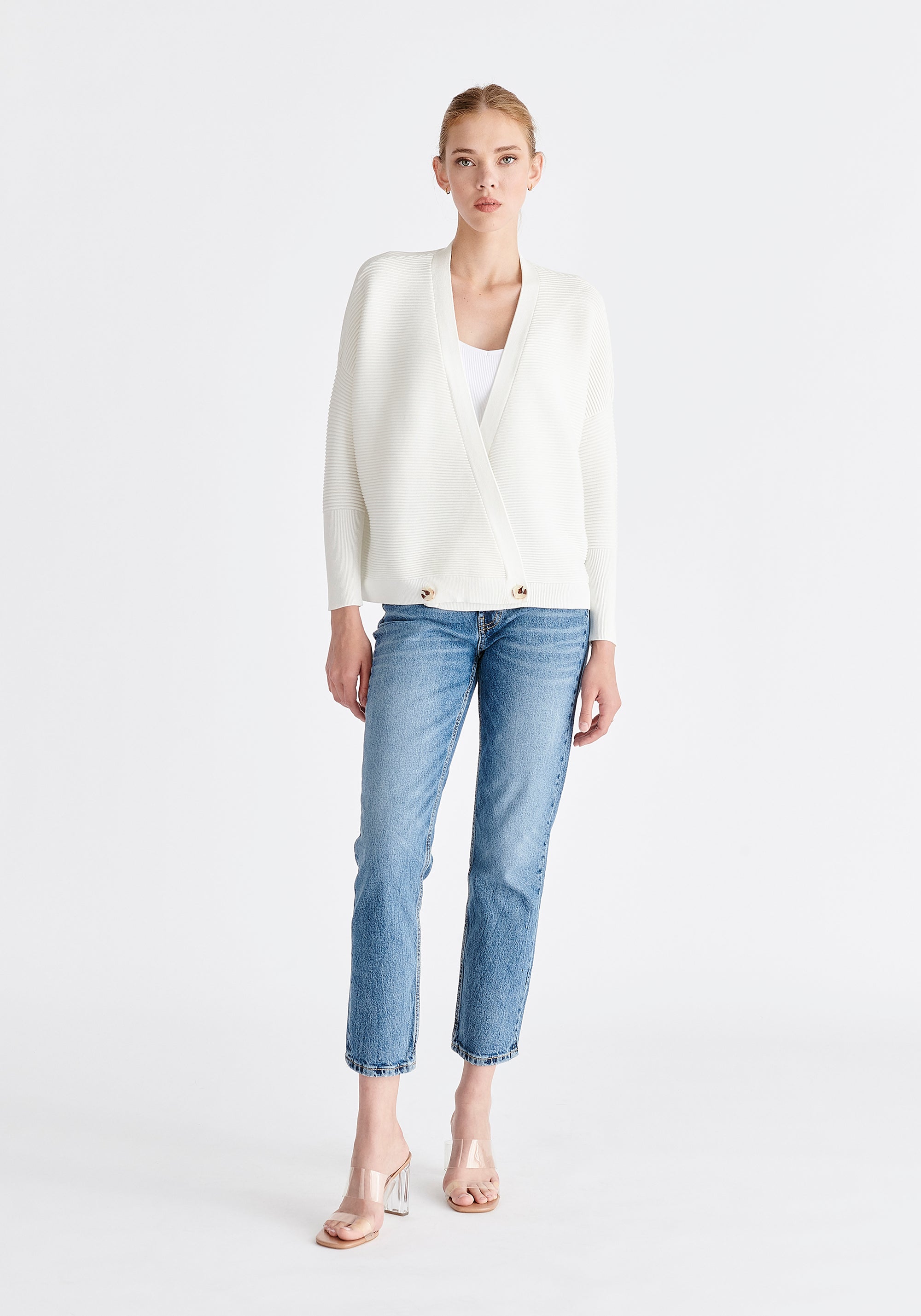 Paisie Ribbed Oversized Wrap Cardigan in White