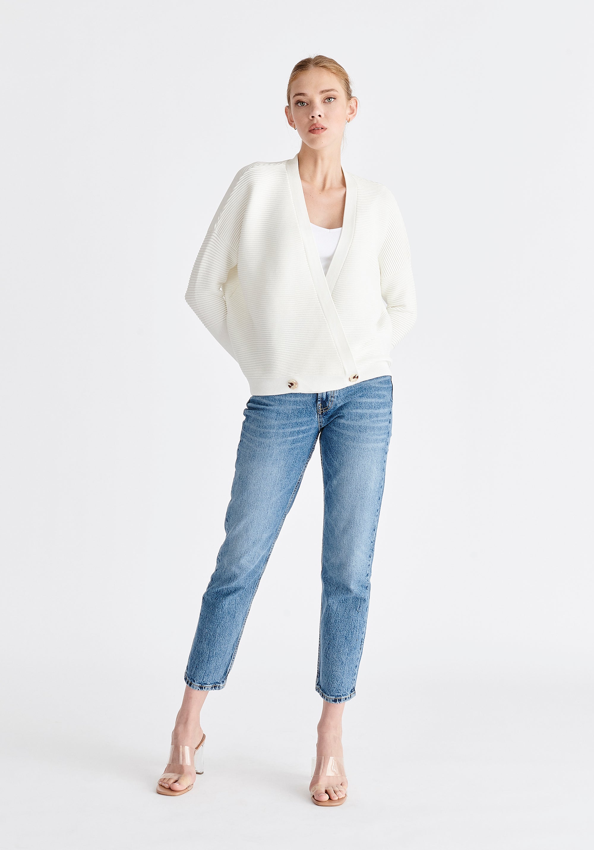 Paisie Ribbed Oversized Wrap Cardigan in White