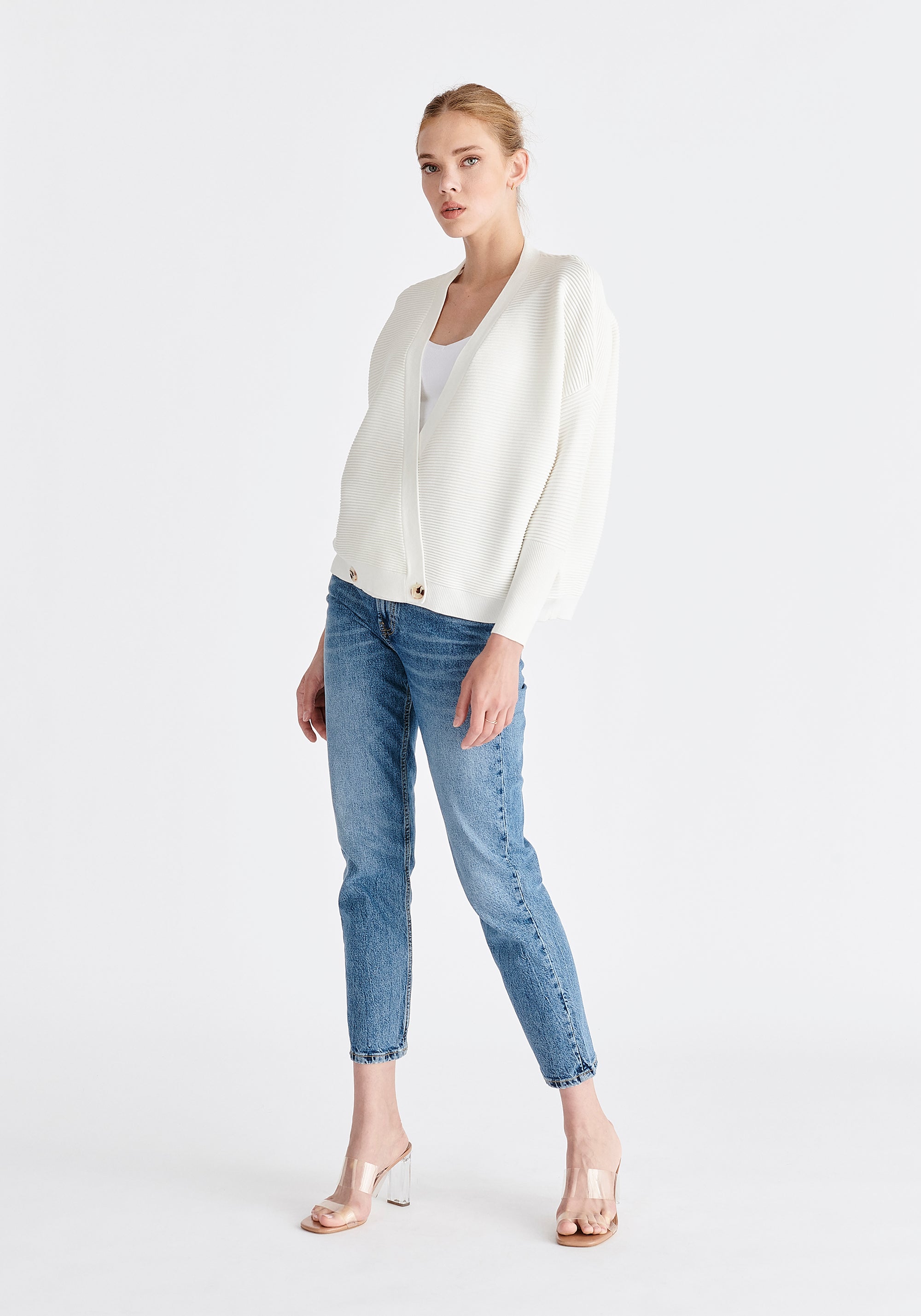 Paisie Ribbed Oversized Wrap Cardigan in White