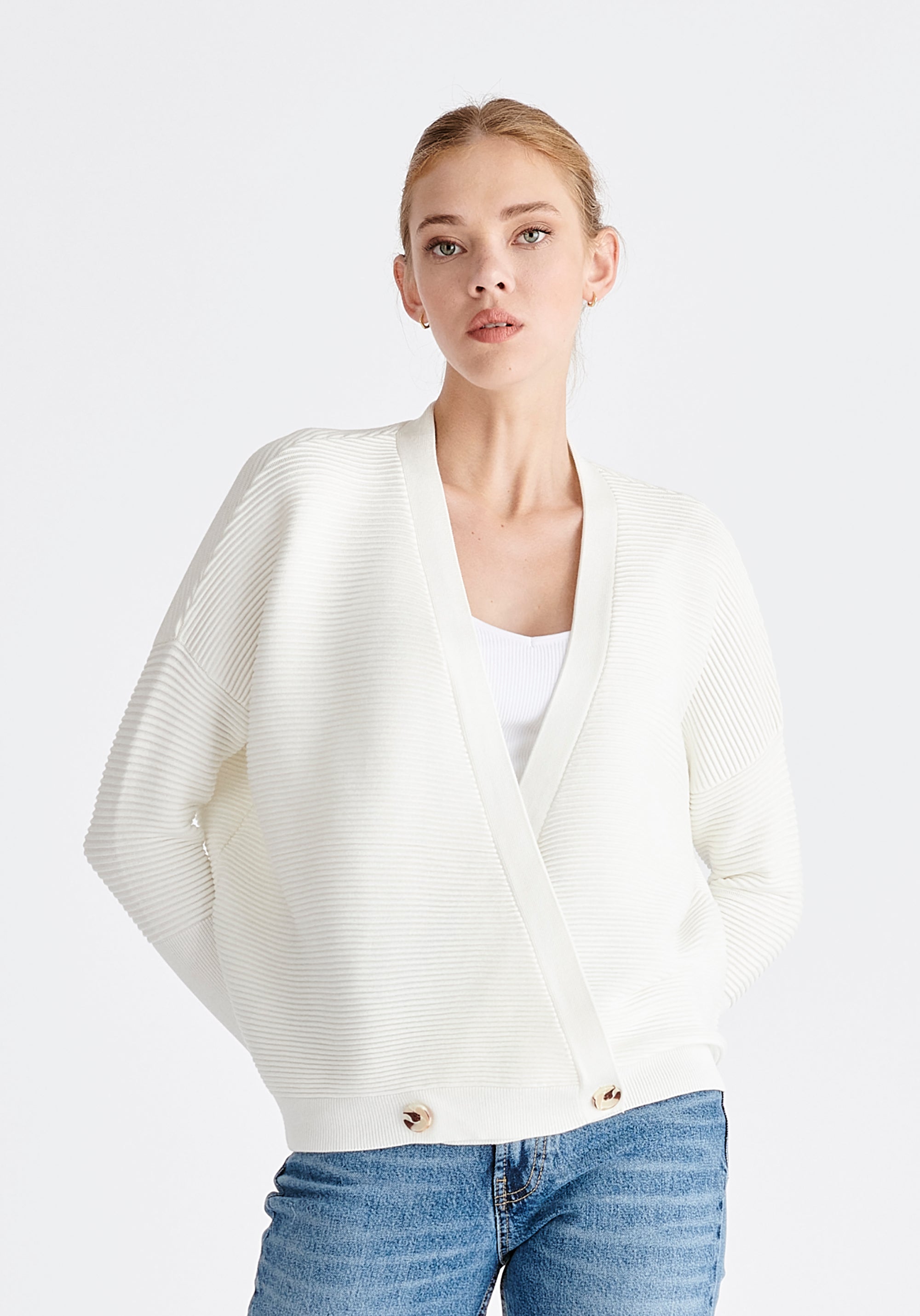 Paisie Ribbed Oversized Wrap Cardigan in White