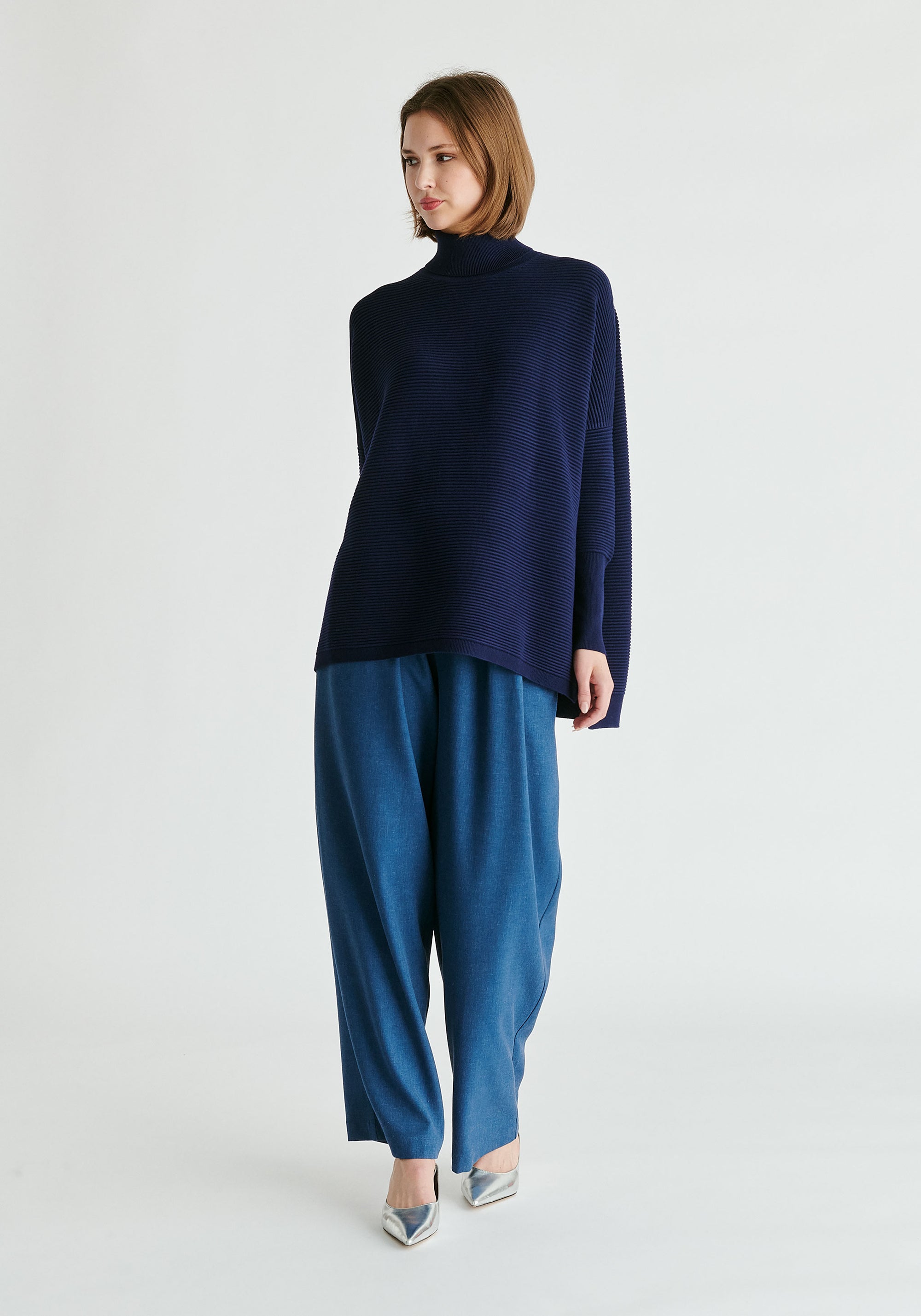 Paisie Turtleneck Ribbed Jumper in Navy Front
