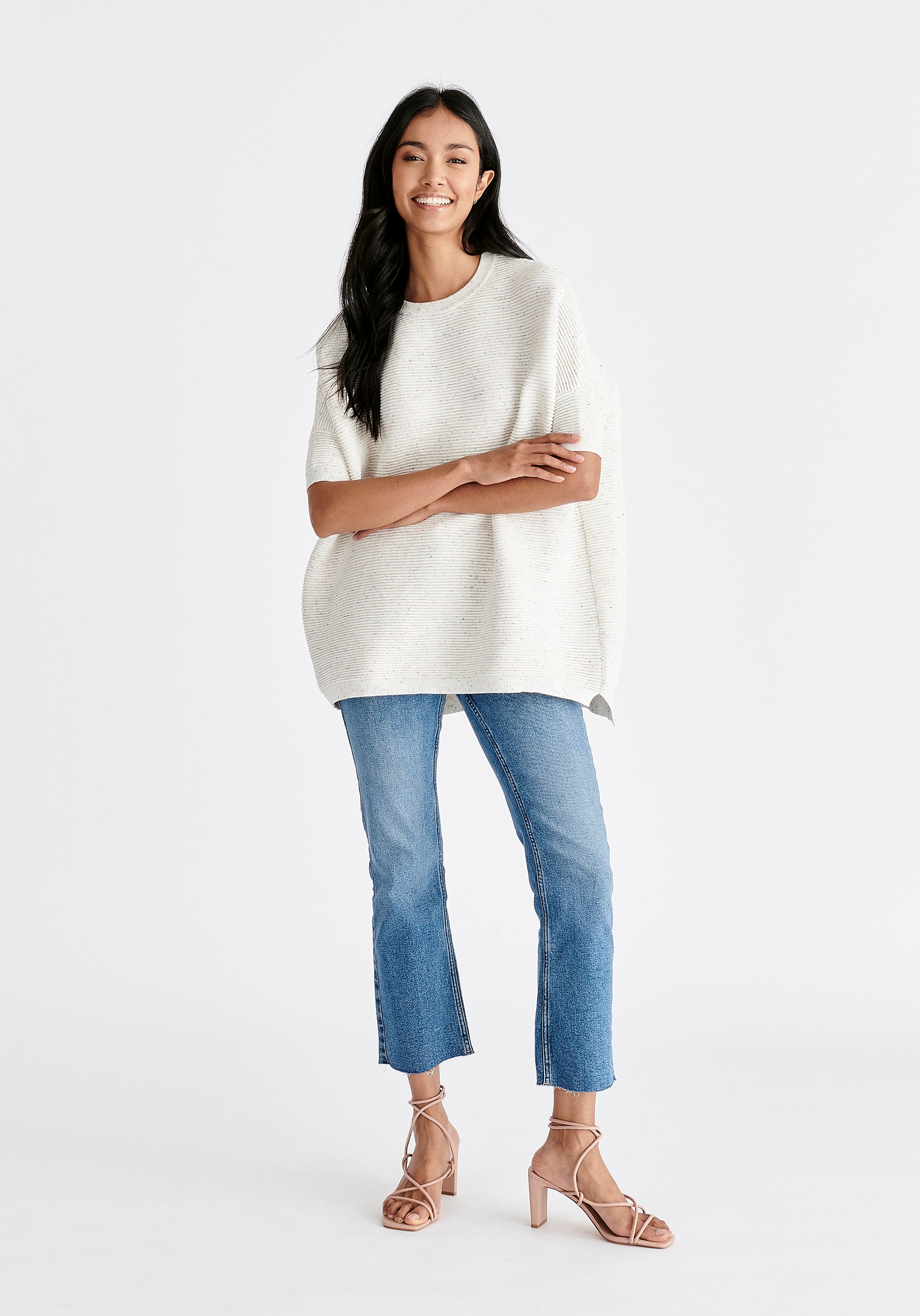 Paisie Short Sleeve Ribbed Jumper In White and Multicolour Speckles