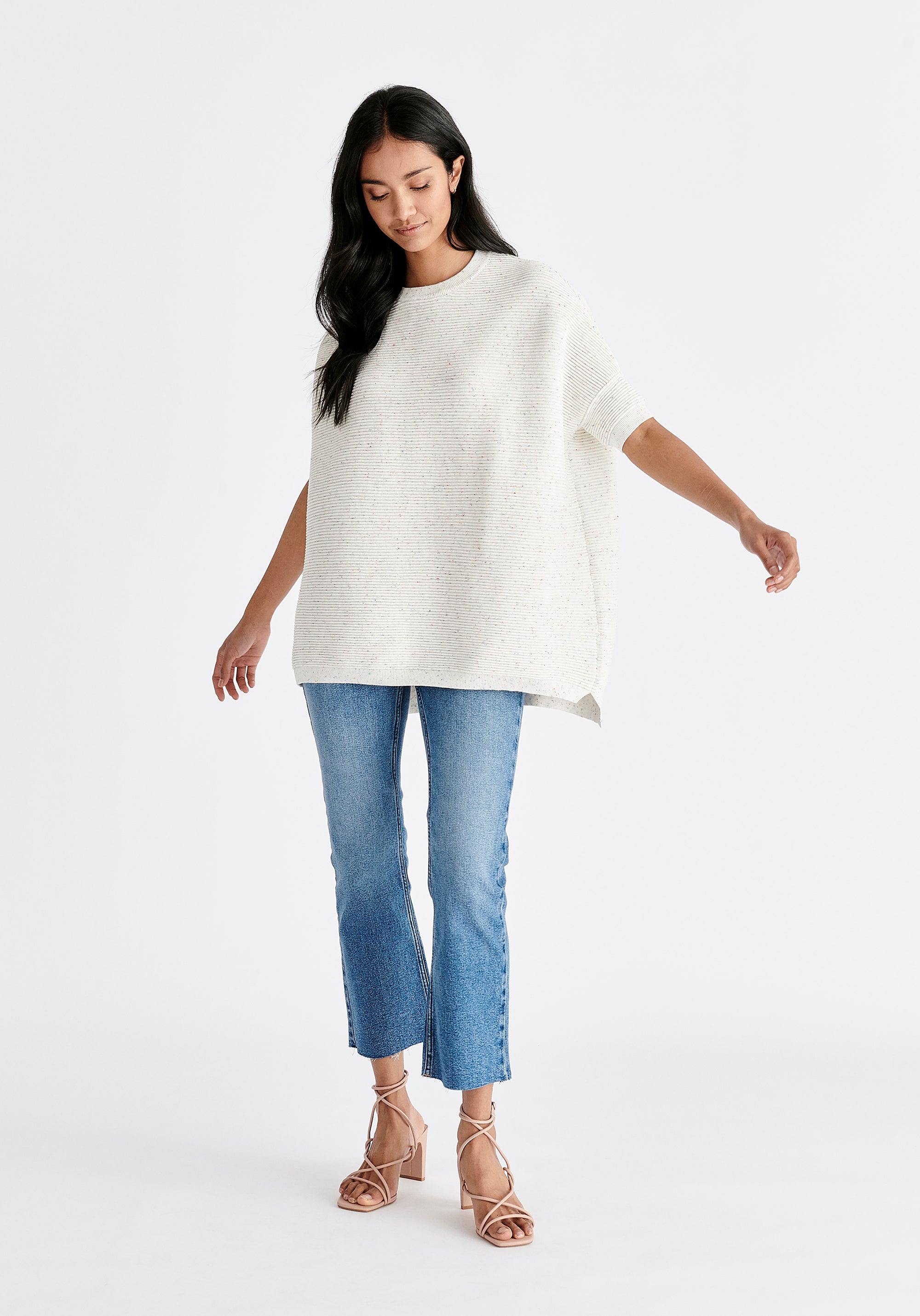 Paisie Short Sleeve Ribbed Jumper In White and Multicolour Speckles