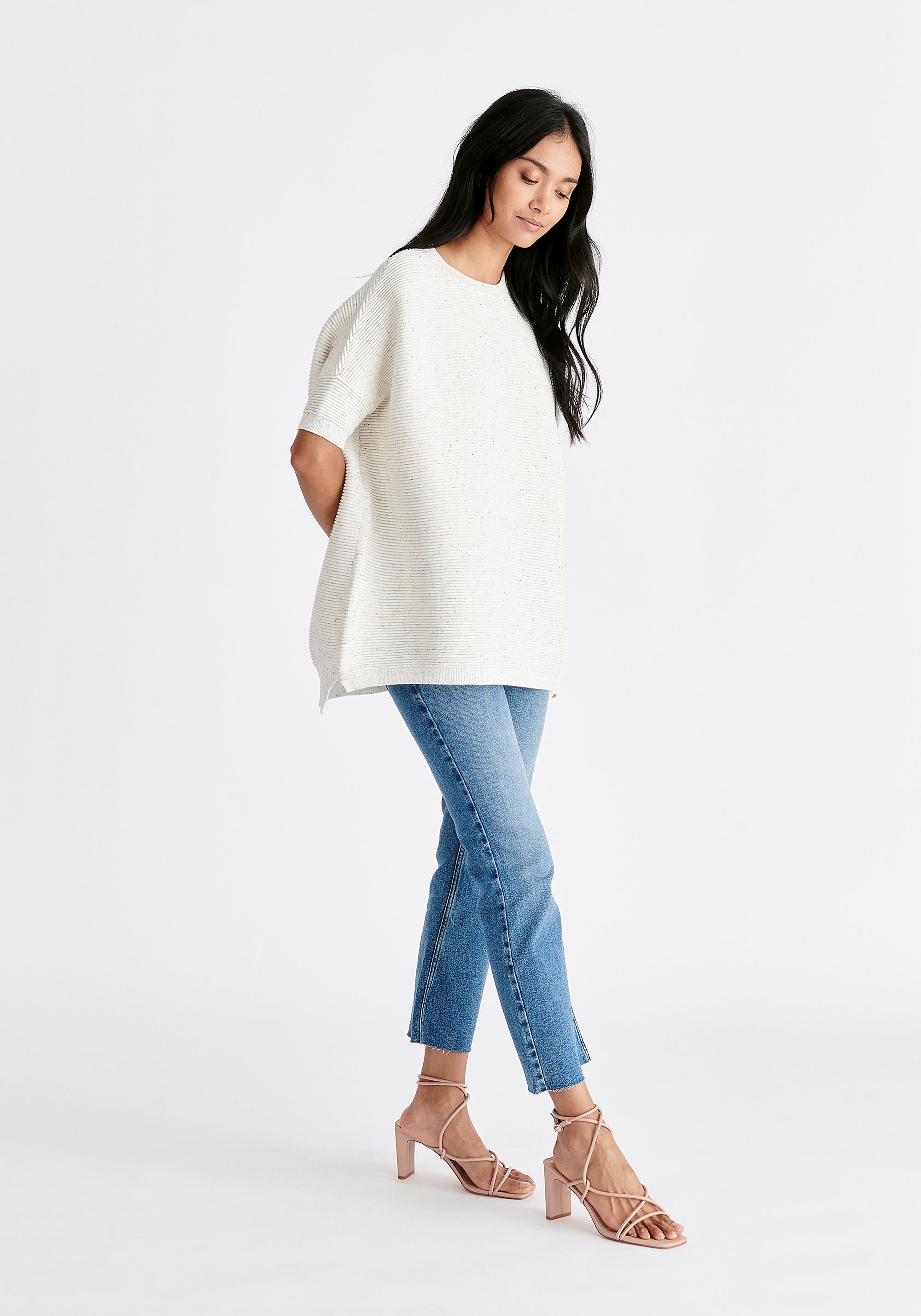Paisie Short Sleeve Ribbed Jumper In White and Multicolour Speckles Side
