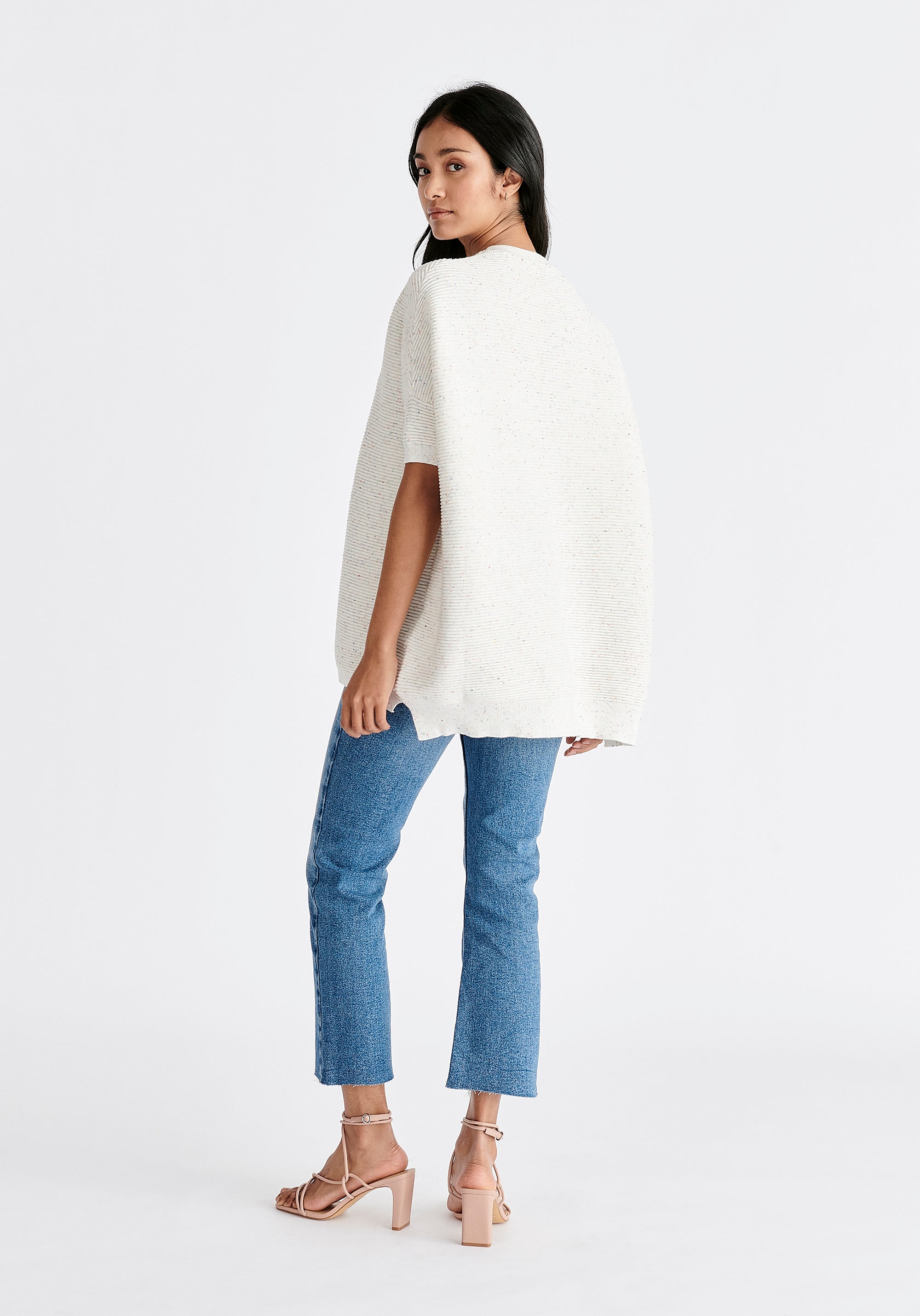 Paisie Short Sleeve Ribbed Jumper In White and Multicolour Speckles Back