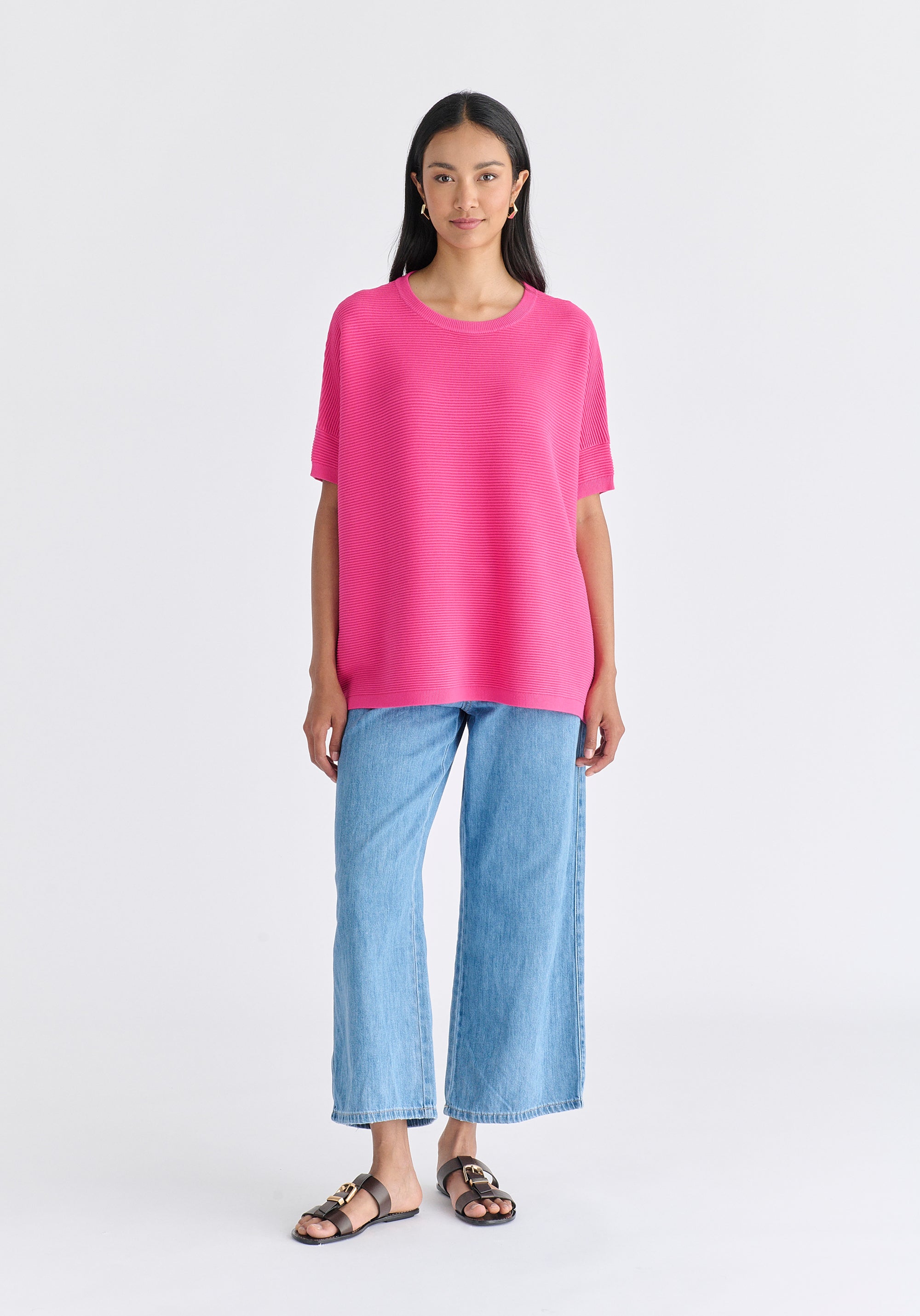 Paisie Short Sleeve Ribbed Jumper in Hot Pink Front