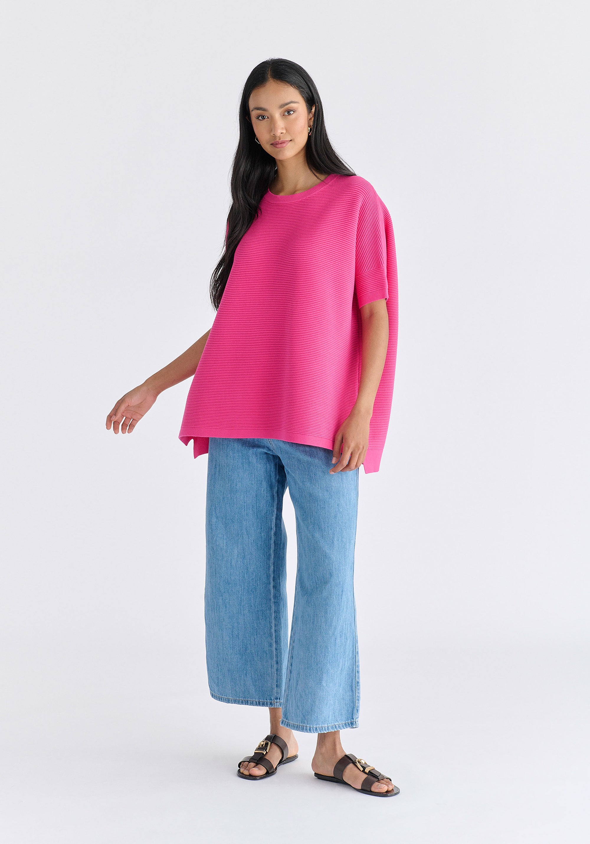 Paisie Short Sleeve Ribbed Jumper in Hot Pink Front