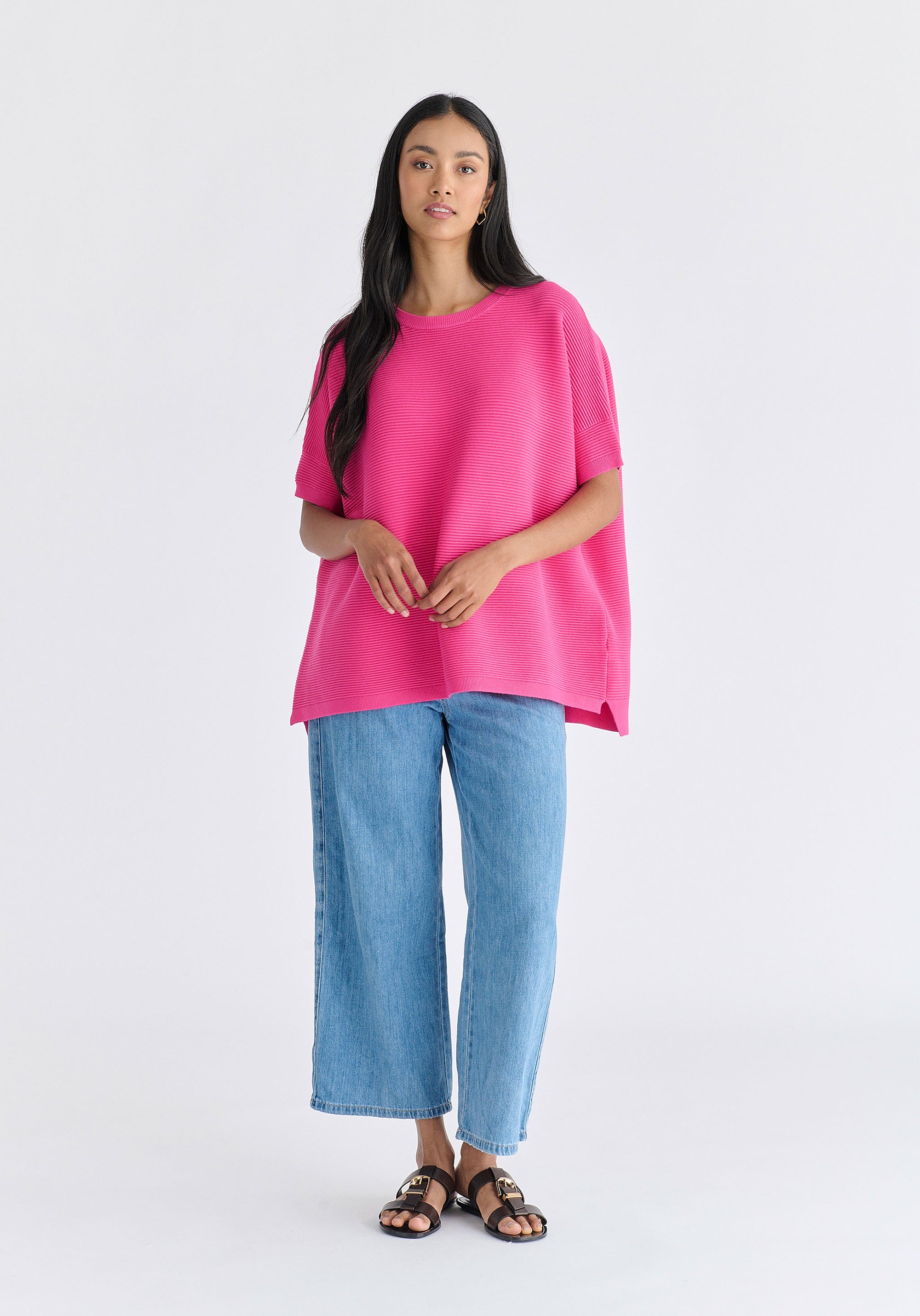 Paisie Short Sleeve Ribbed Jumper in Hot Pink Front