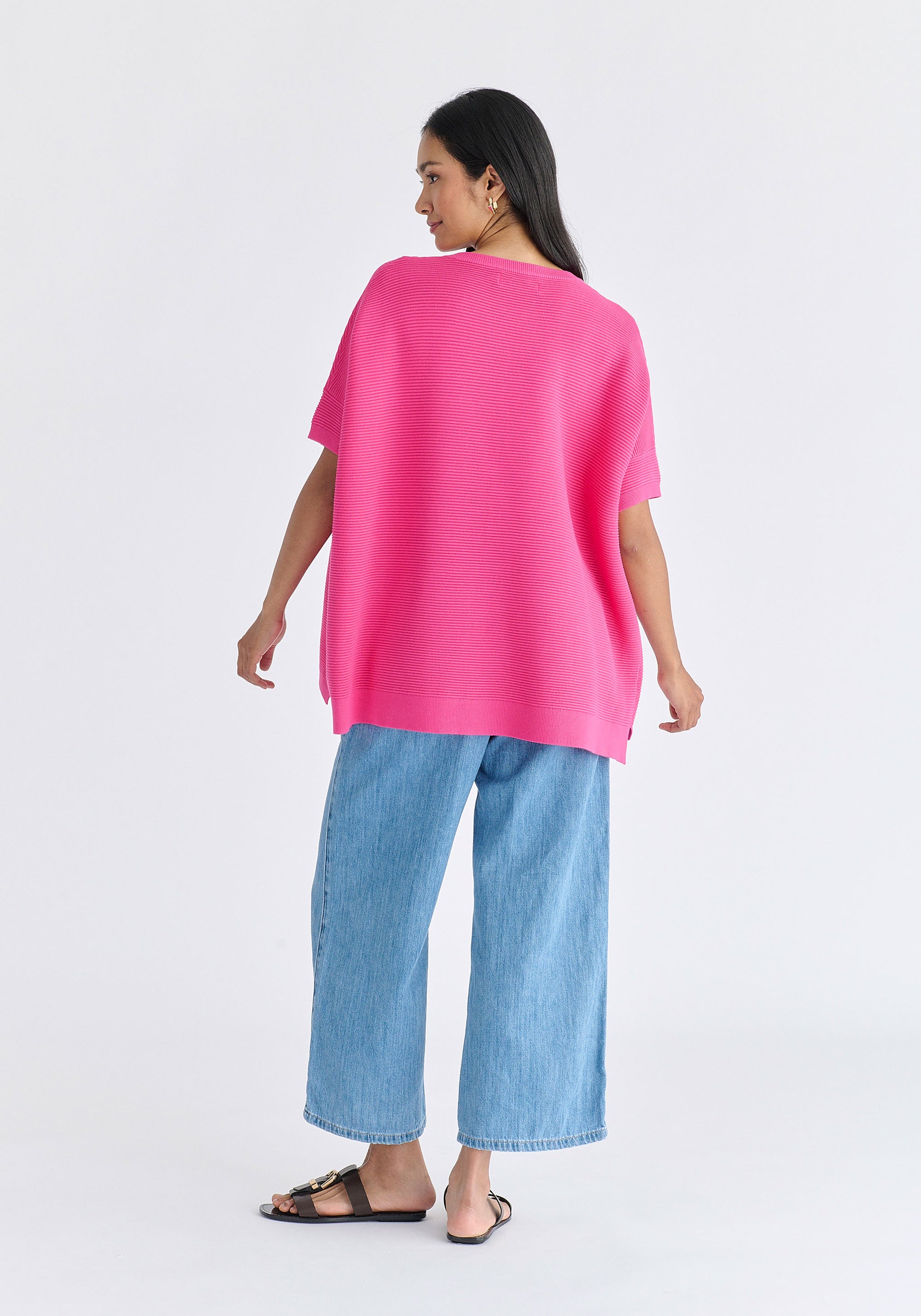 Paisie Short Sleeve Ribbed Jumper in Hot Pink Back