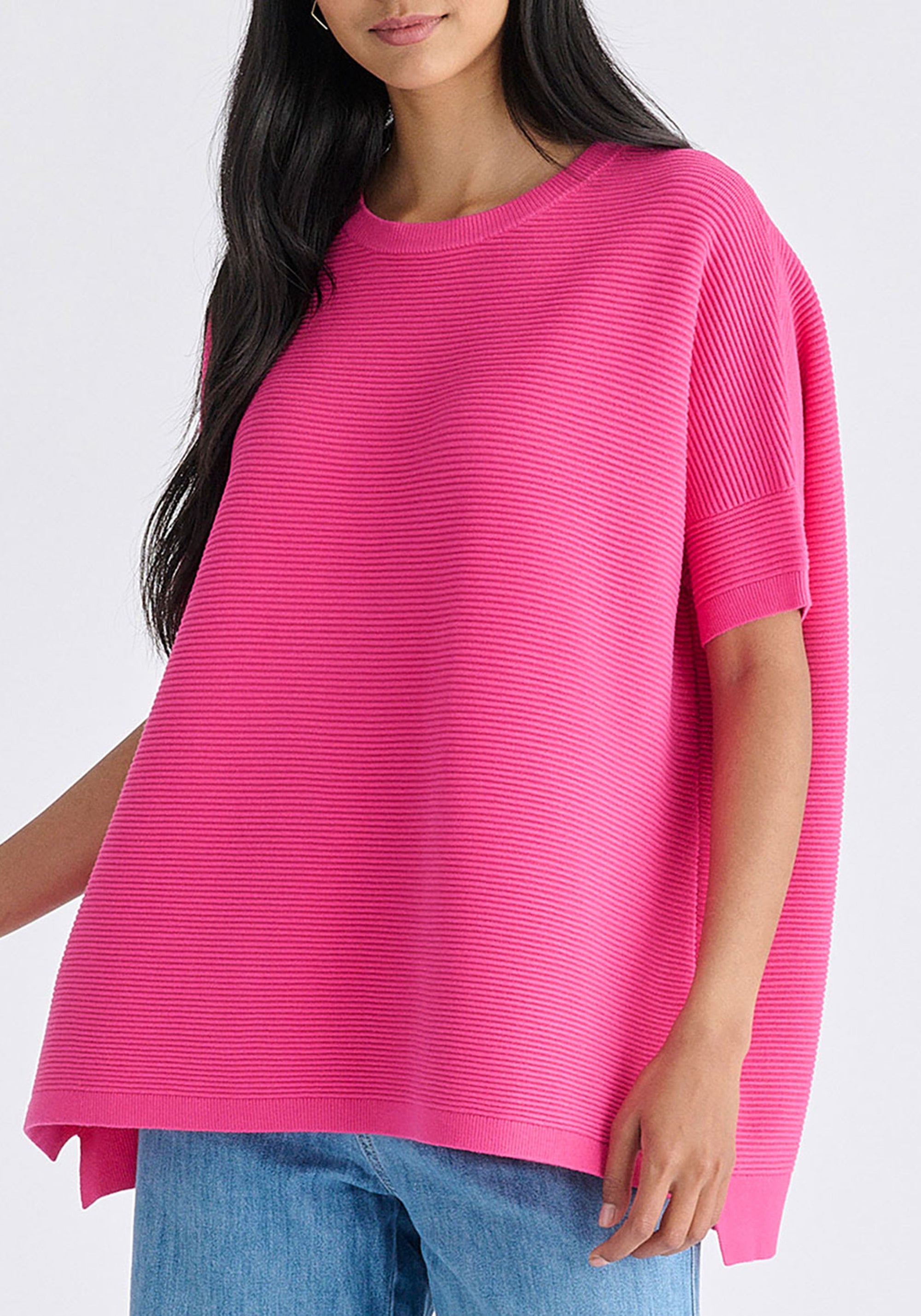 Paisie Short Sleeve Ribbed Jumper in Hot Pink Closeup