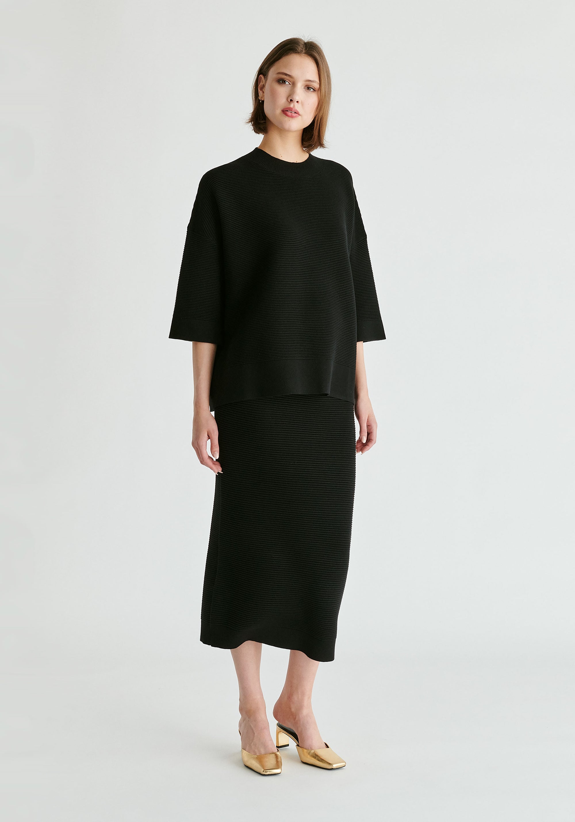 Mock Neck Cropped Sleeve Ribbed Jumper in Black Front