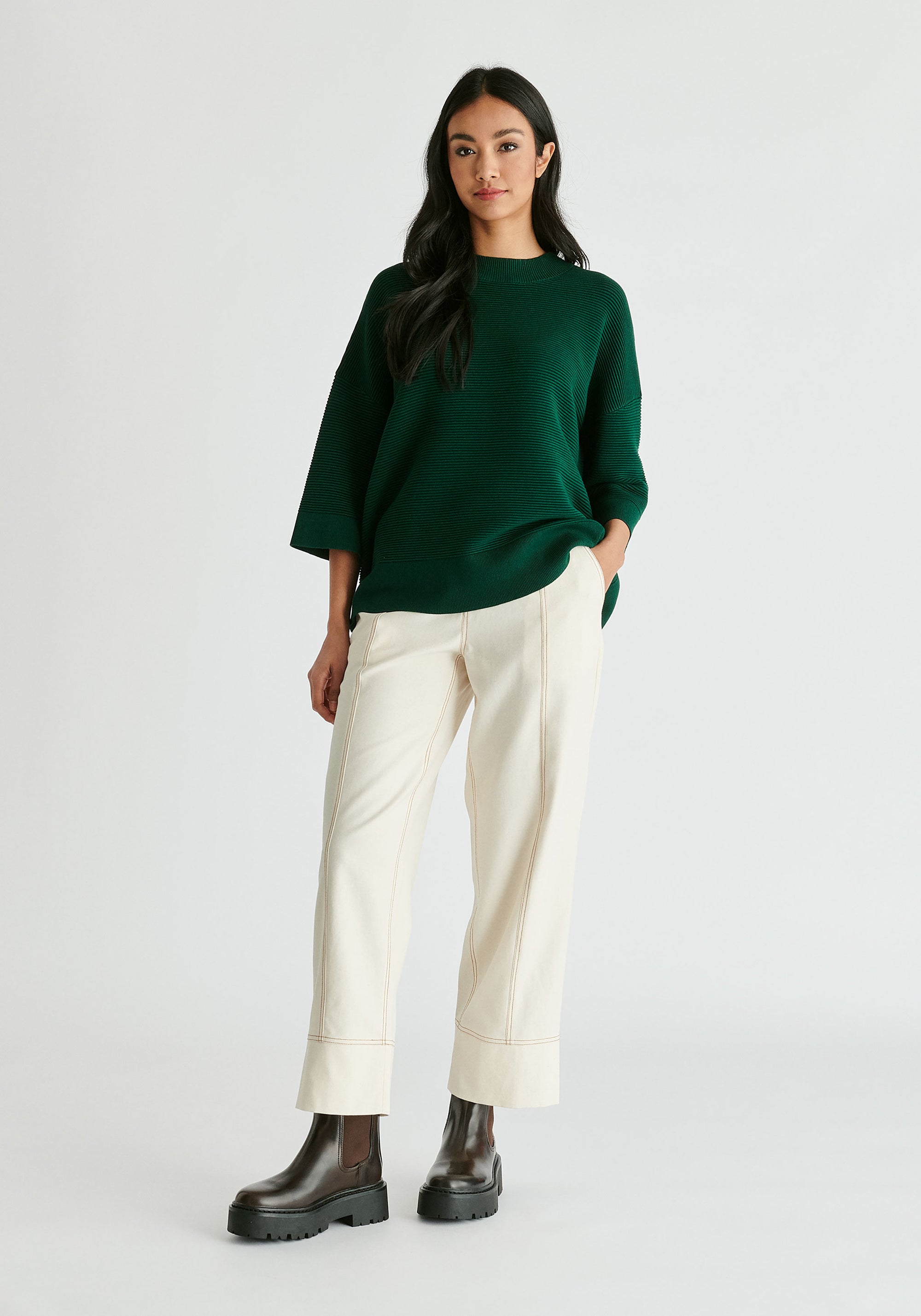 Mock Neck Cropped Sleeve Ribbed Jumper in Dark Green Front