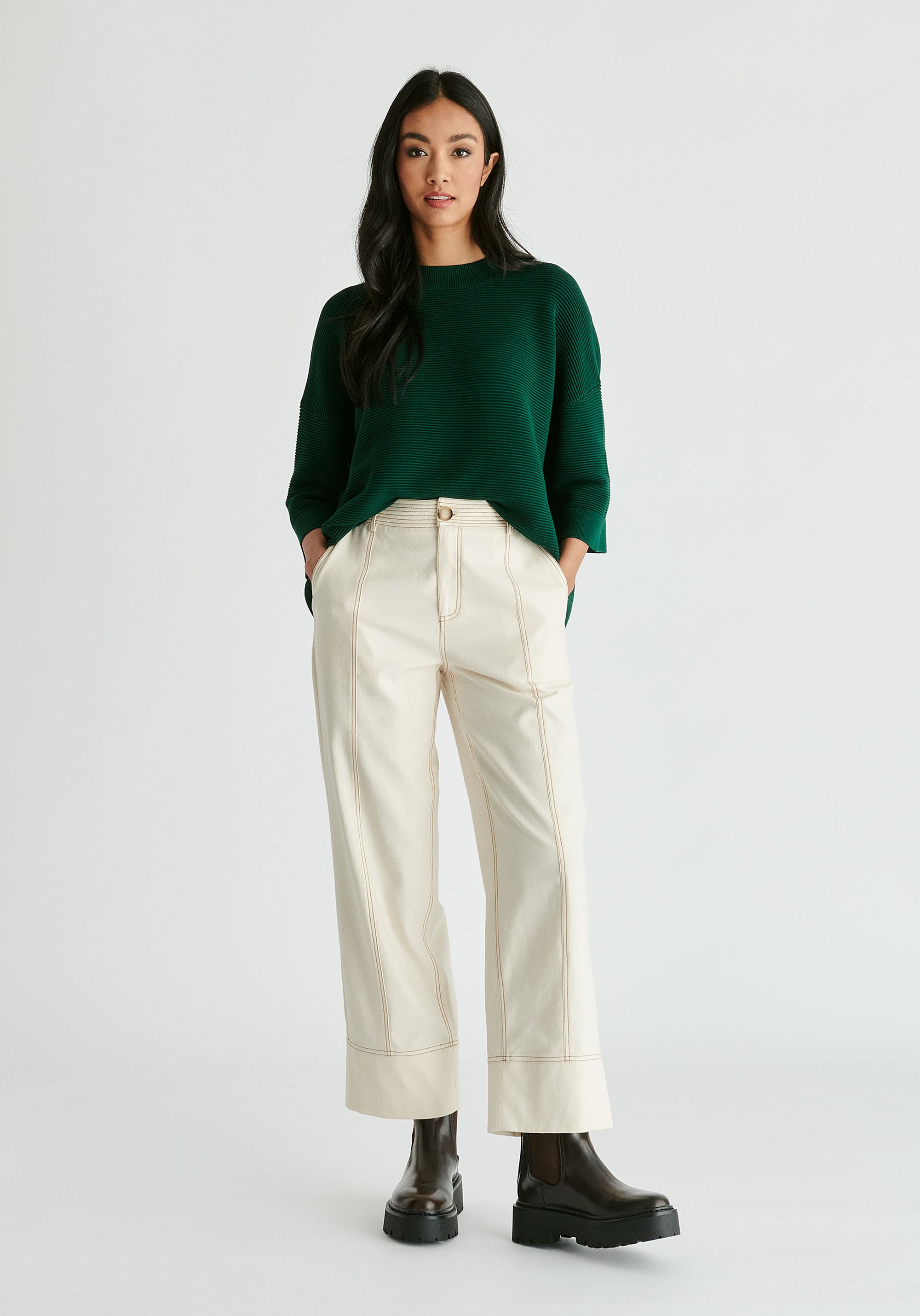 Mock Neck Cropped Sleeve Ribbed Jumper in Dark Green Front
