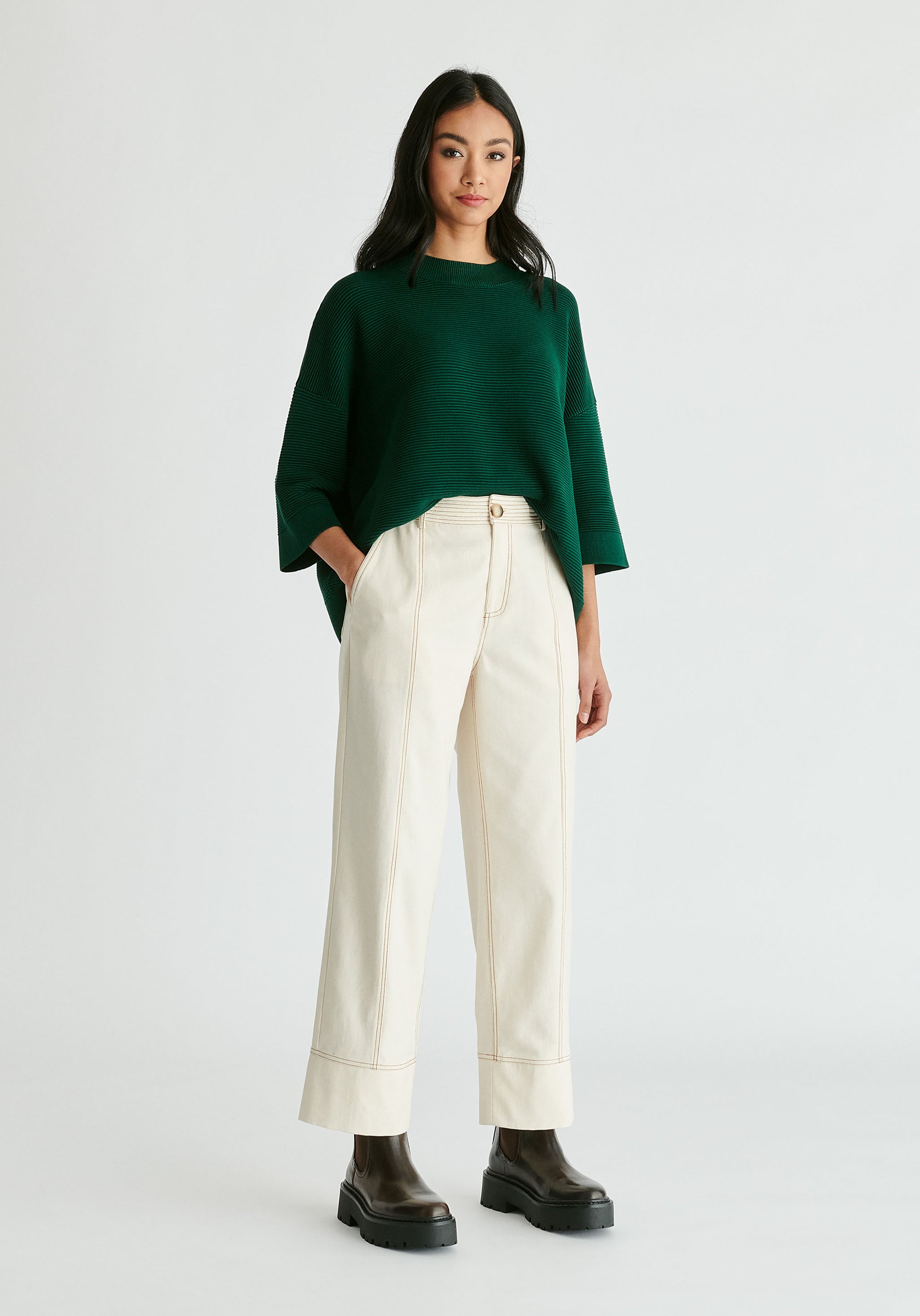 Mock Neck Cropped Sleeve Ribbed Jumper in Dark Green Front