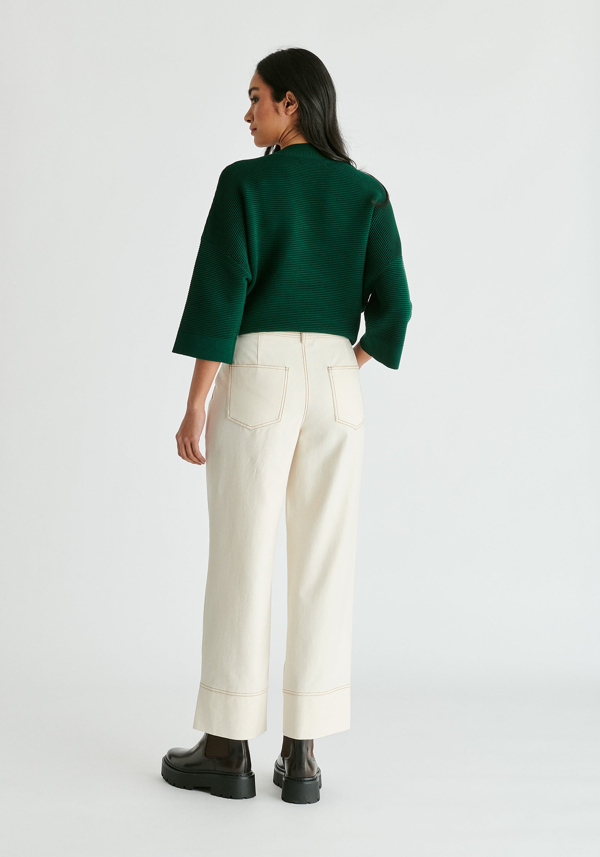 Mock Neck Cropped Sleeve Ribbed Jumper in Dark Green Back