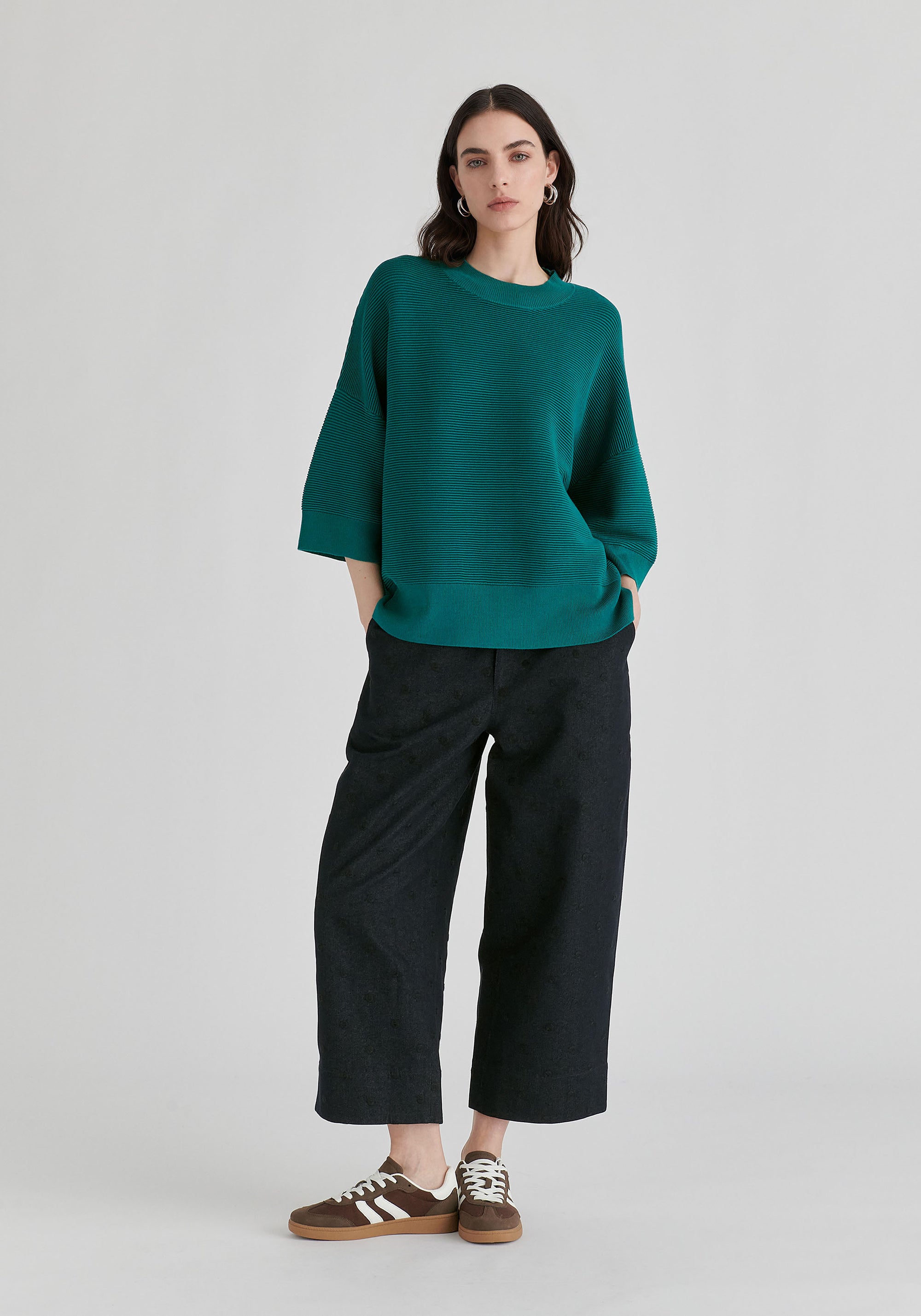 Mock Neck Cropped Sleeve Ribbed Jumper in Ocean Blue Front