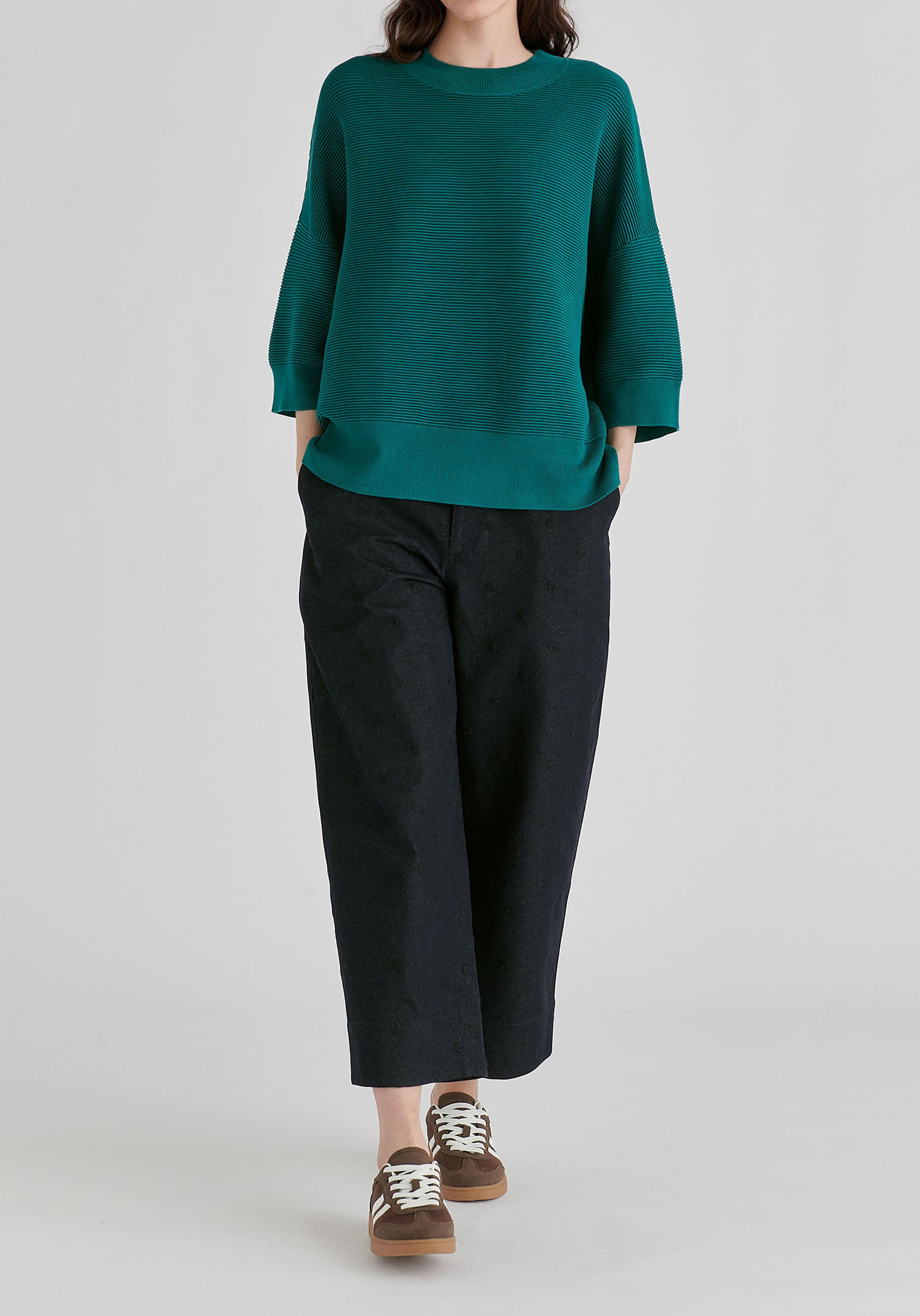 Mock Neck Cropped Sleeve Ribbed Jumper