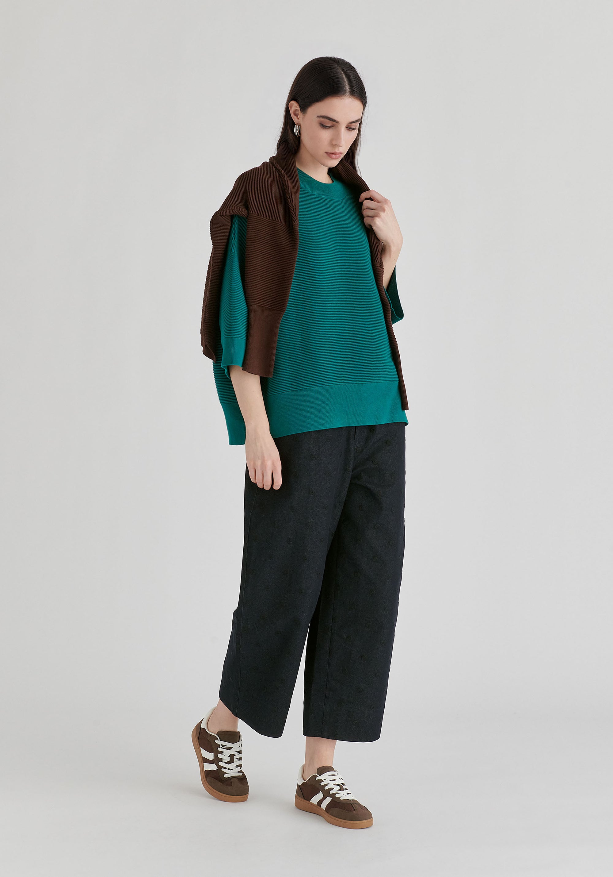 Mock Neck Cropped Sleeve Ribbed Jumper in Ocean Blue Side