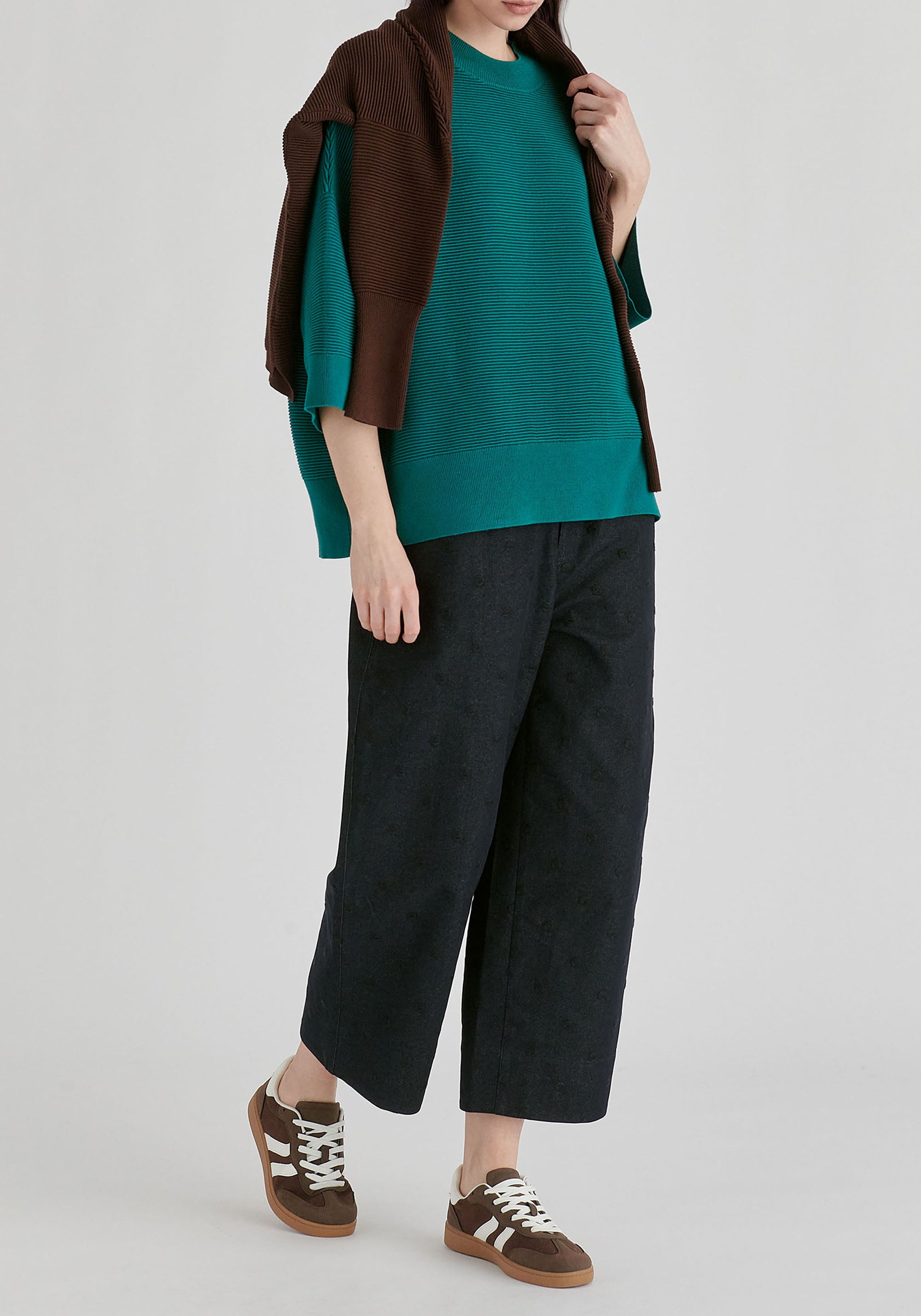Mock Neck Cropped Sleeve Ribbed Jumper