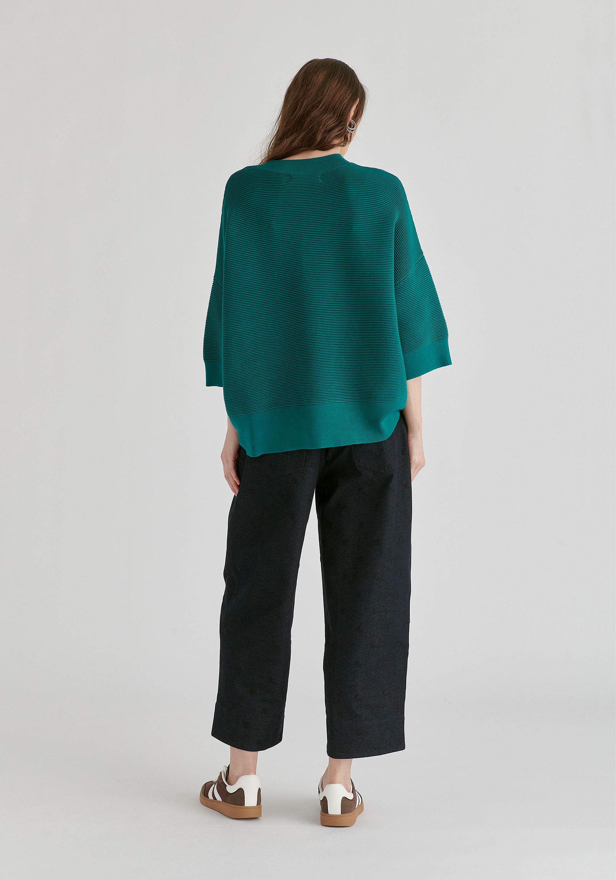 Mock Neck Cropped Sleeve Ribbed Jumper in Ocean Blue Back