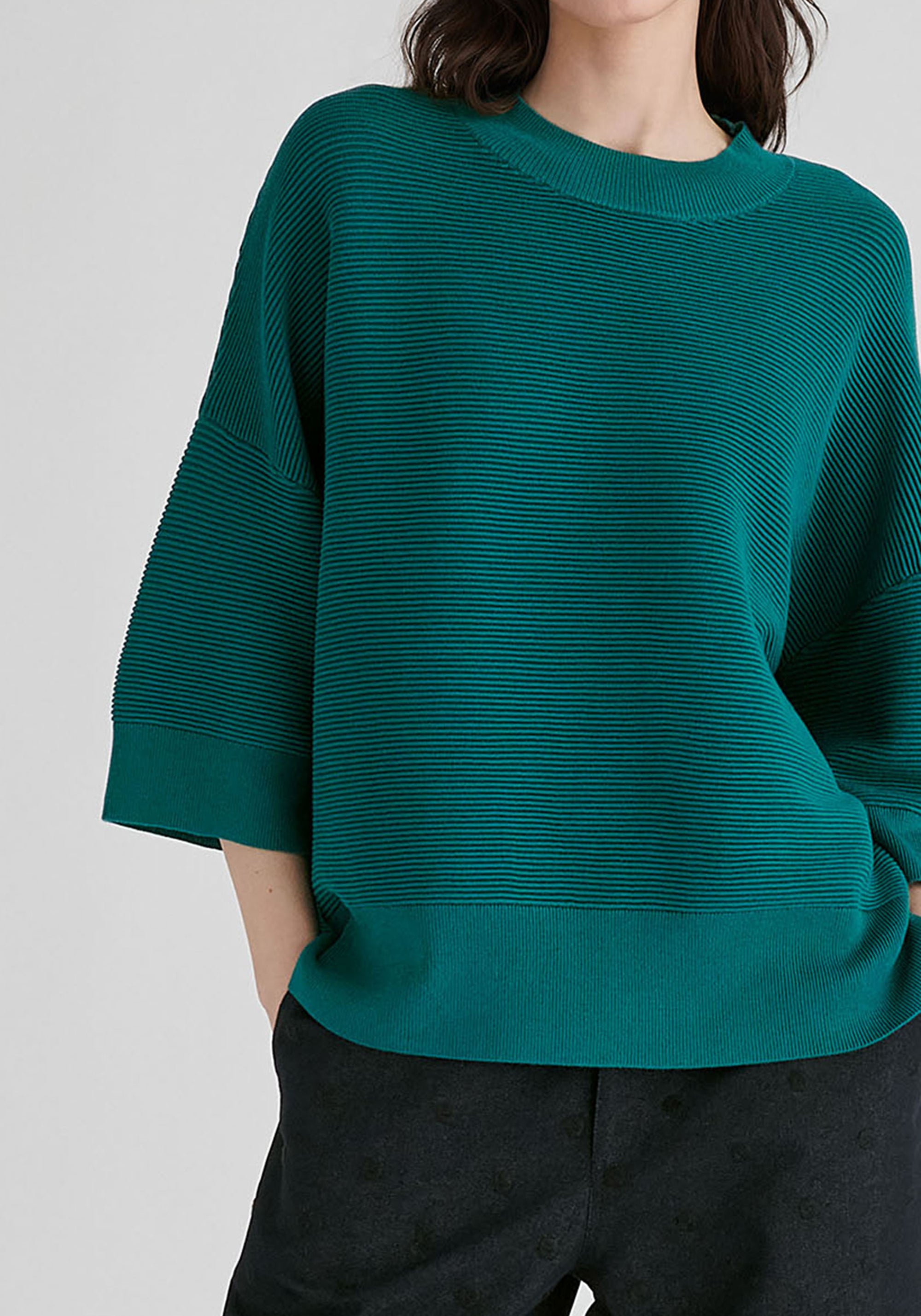 Mock Neck Cropped Sleeve Ribbed Jumper in Ocean Blue Closeup
