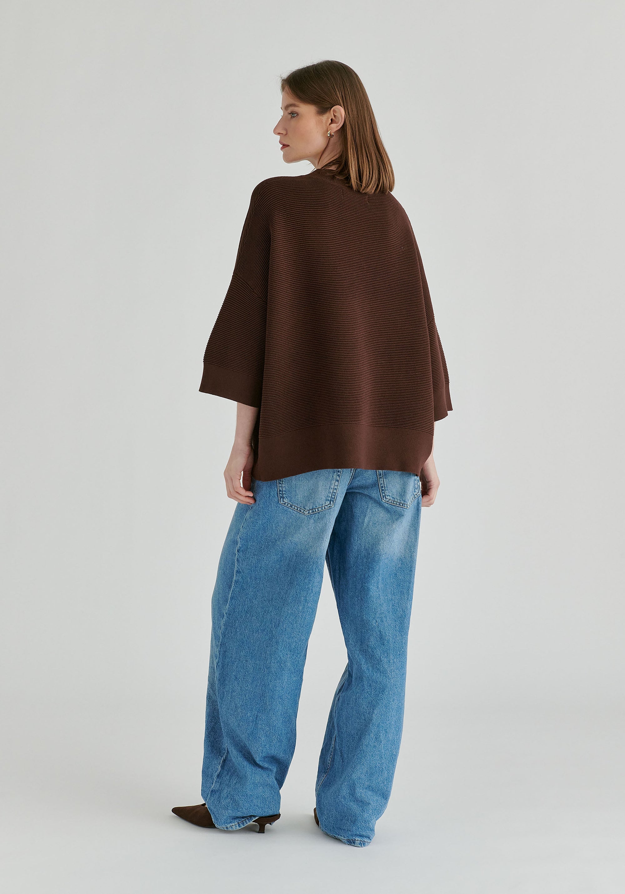Mock Neck Cropped Sleeve Ribbed Jumper