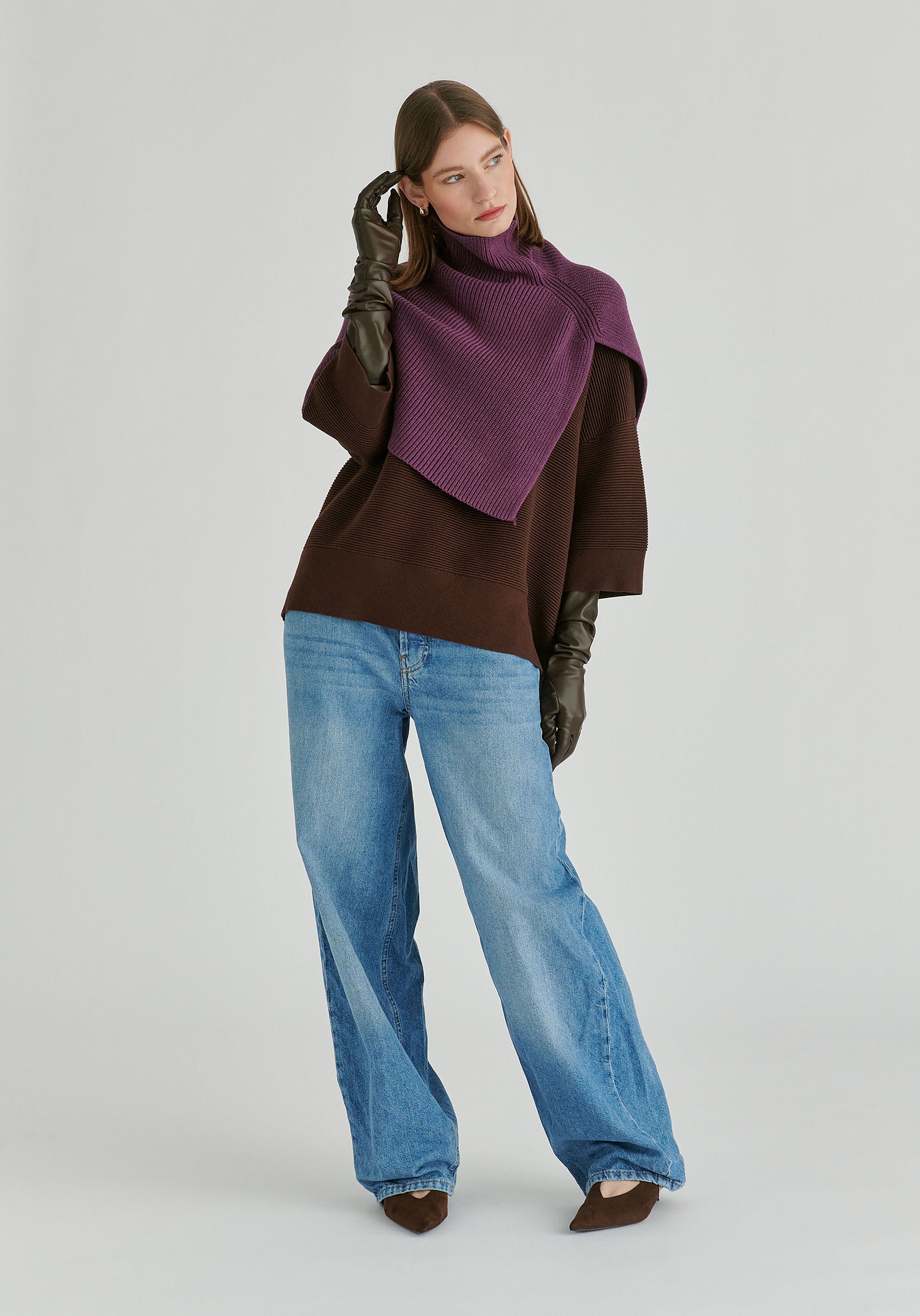 Mock Neck Cropped Sleeve Ribbed Jumper