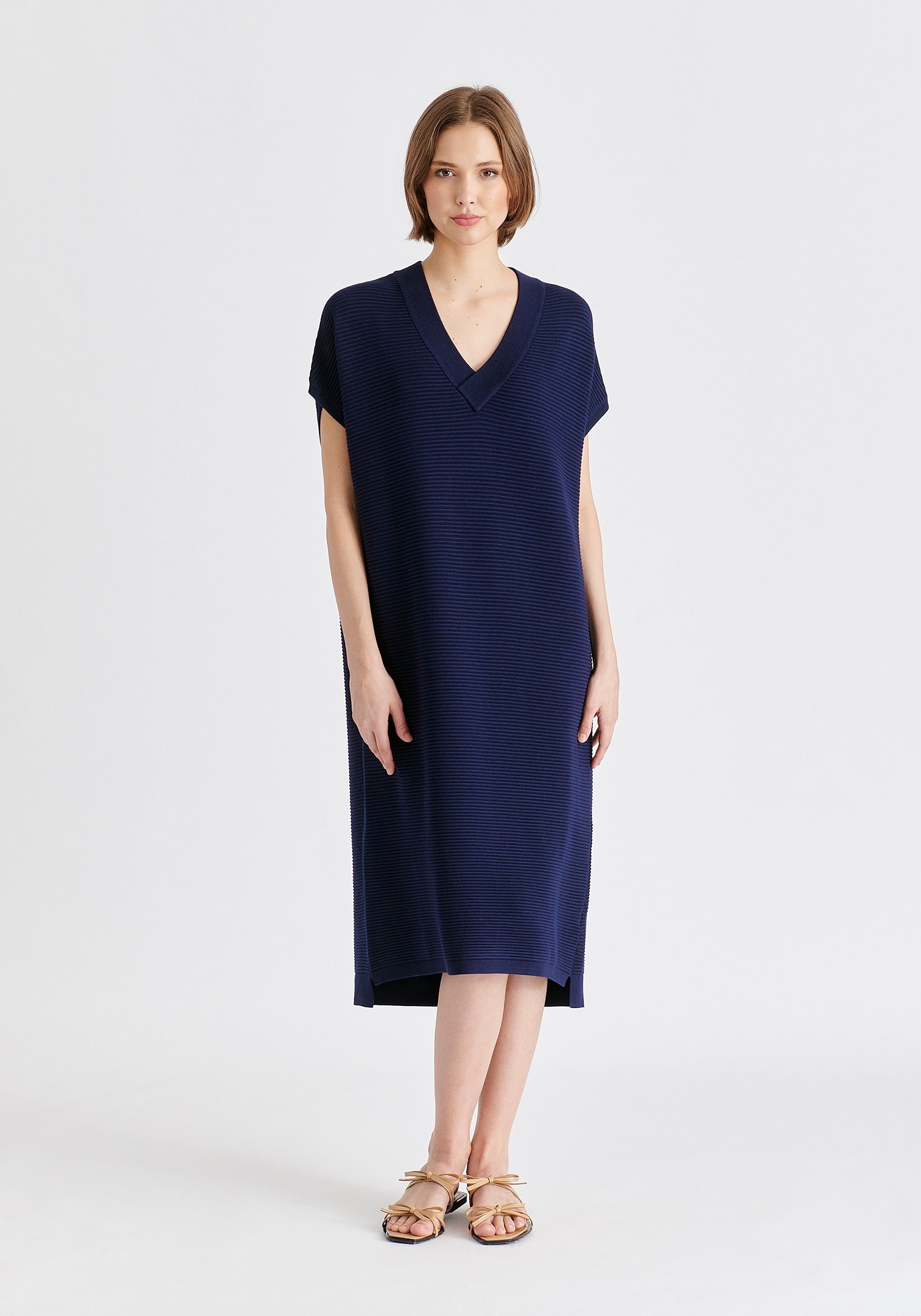 V Neck Sleeveless Ribbed Jumper Dress